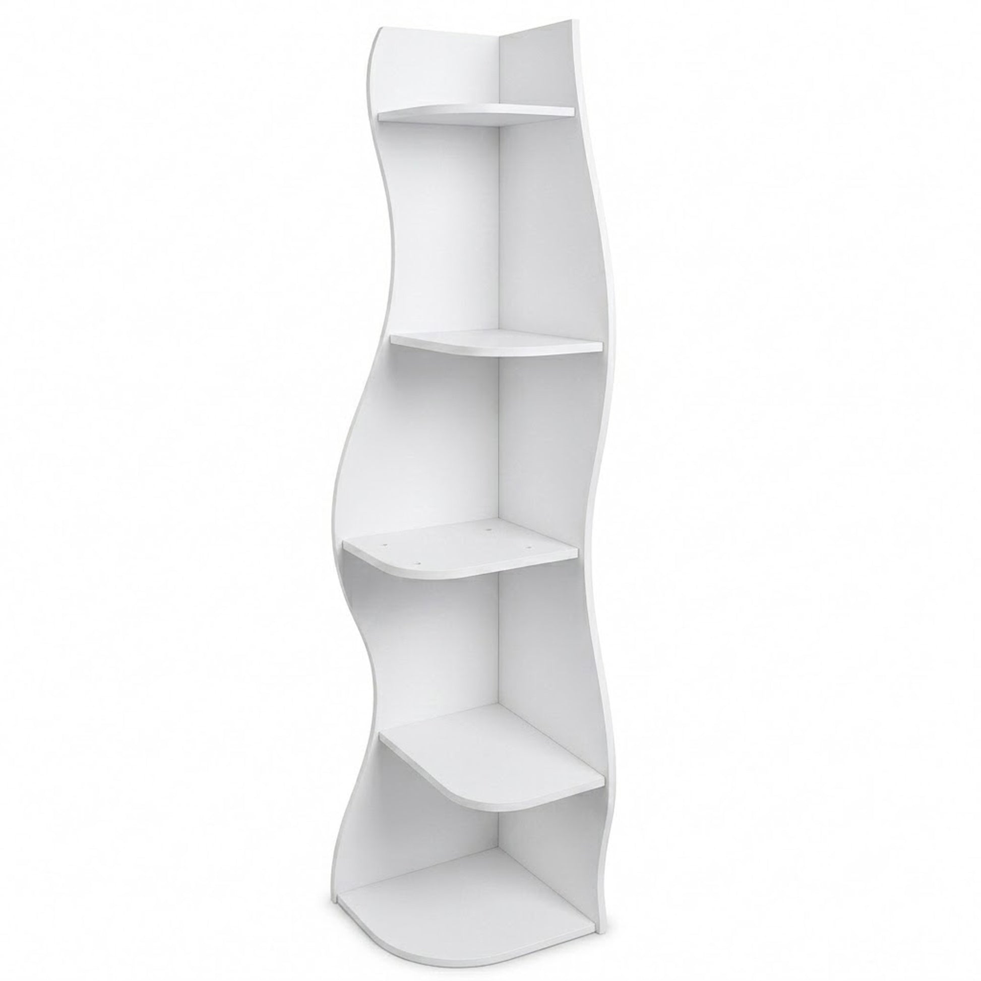 Eureka white corner bookcase showing the full front angled view with five open shelves