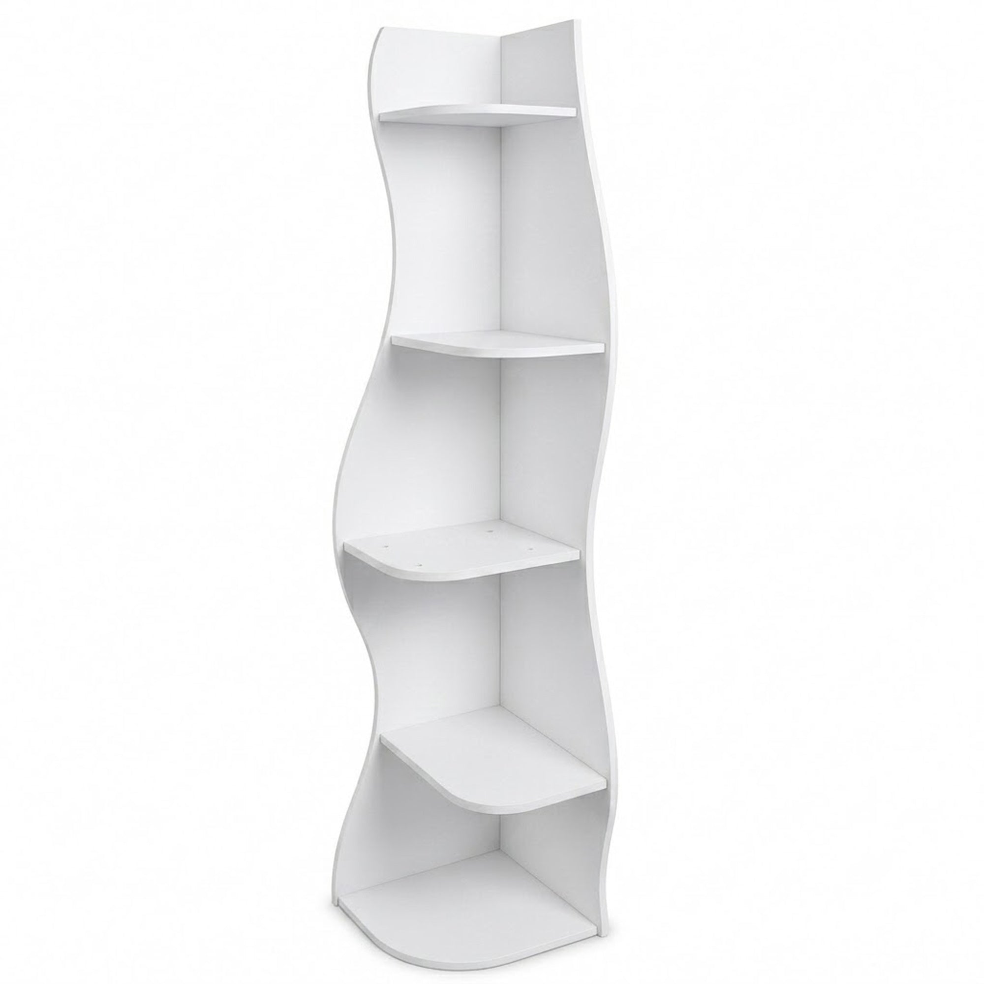 Eureka white corner bookcase showing the full front angled view with five open shelves