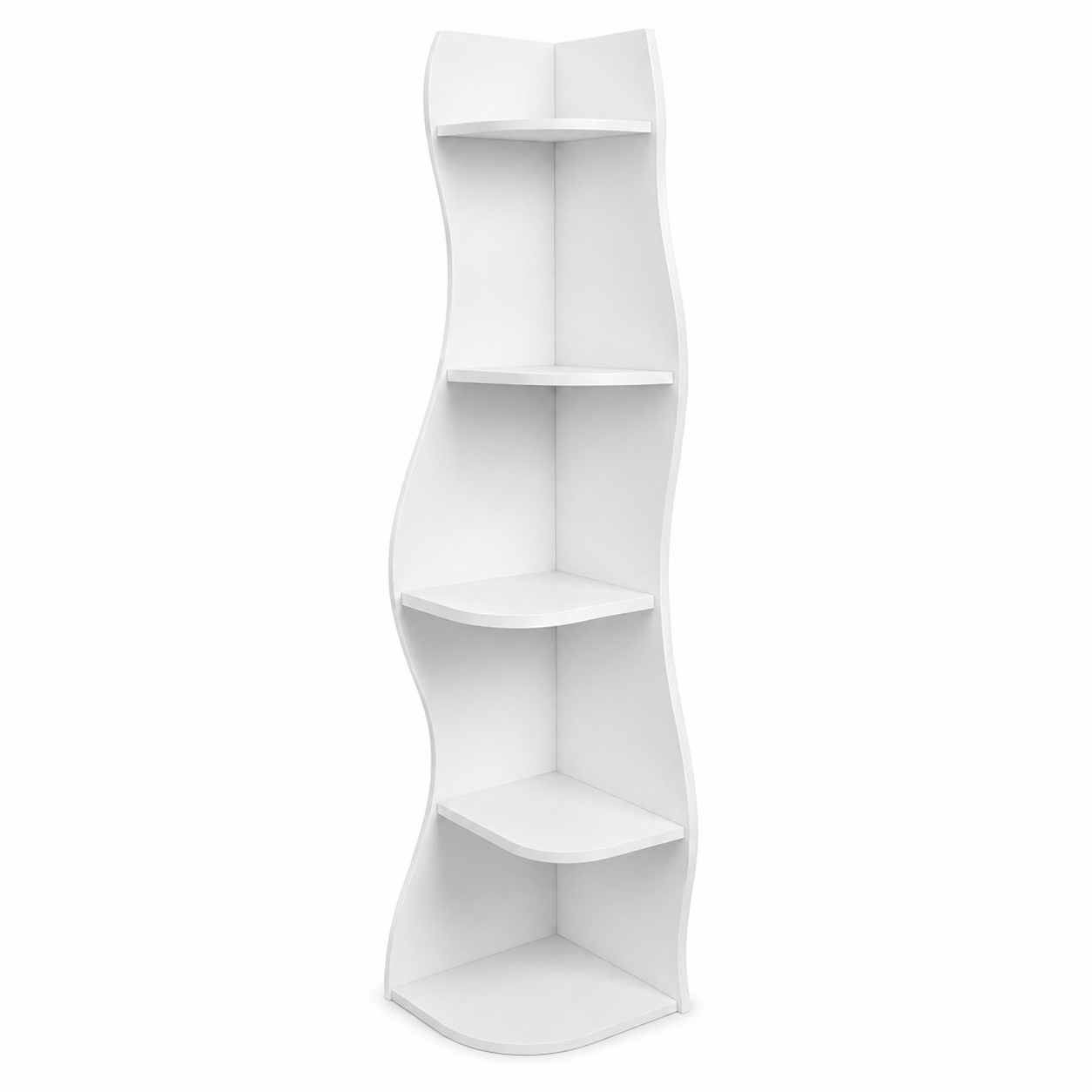 Eureka white corner bookcase showing the narrow front profile and wavy vertical frame