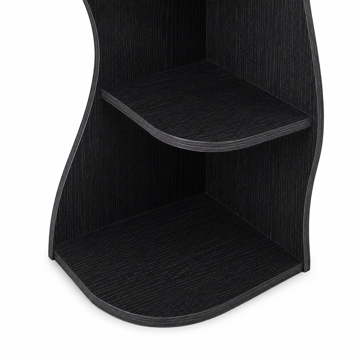 Eureka black corner shelf bookcase showing lower shelf detail