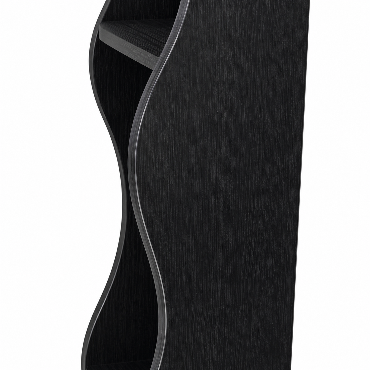 Eureka black corner shelf bookcase showing side shelf detail