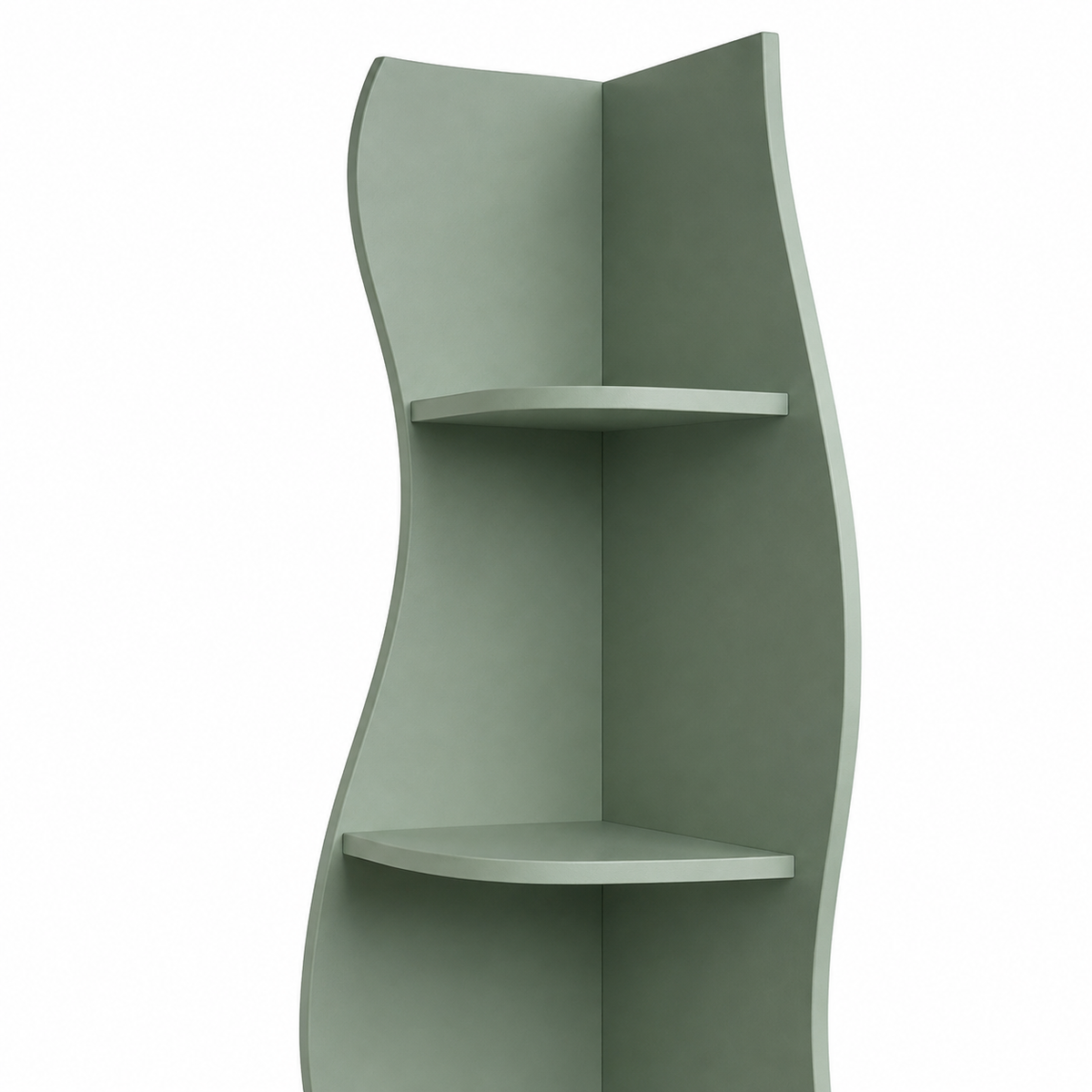 Eureka green corner shelf bookcase showing side shelf detail