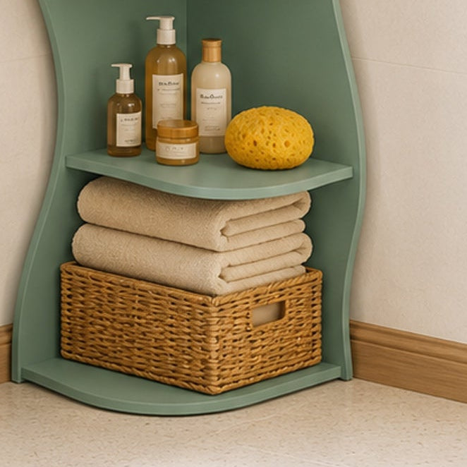 Eureka green corner shelf bookcase showing interior shelf detail