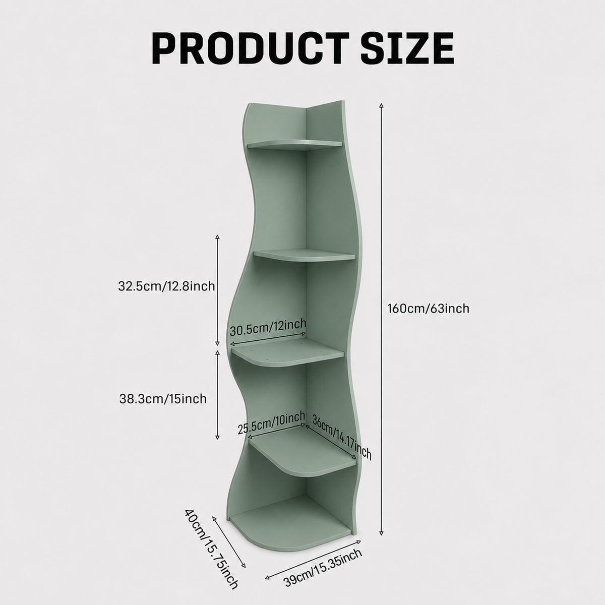 Eureka green corner shelf bookcase showing dimensions