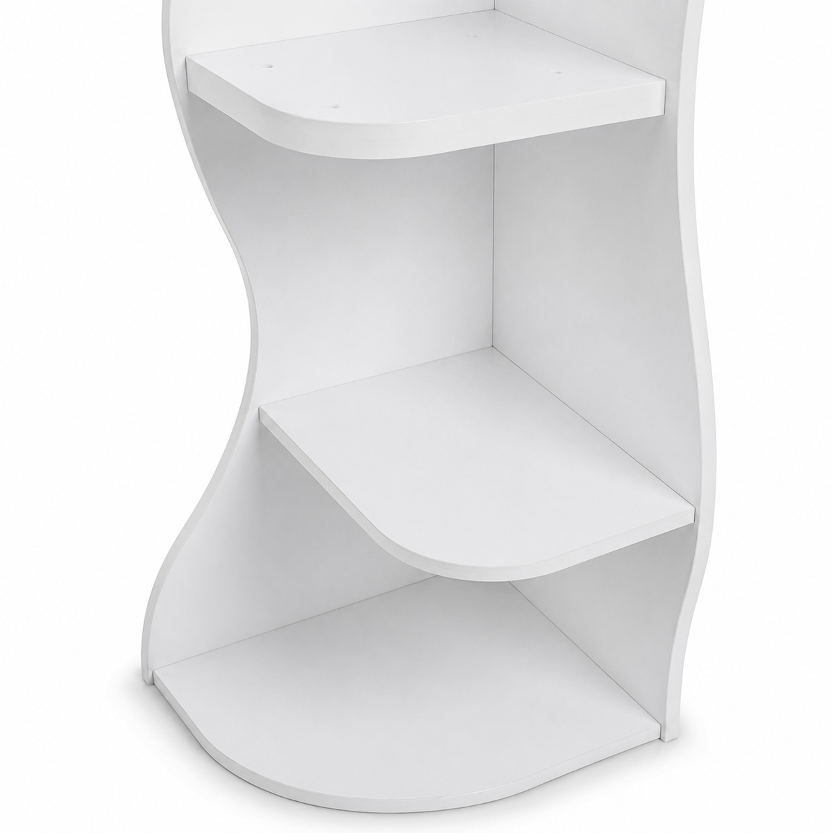 Eureka white corner shelf bookcase showing lower shelf detail