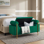 Everest green ottoman bench showing velvet seating with bolster arms at the foot of a bed