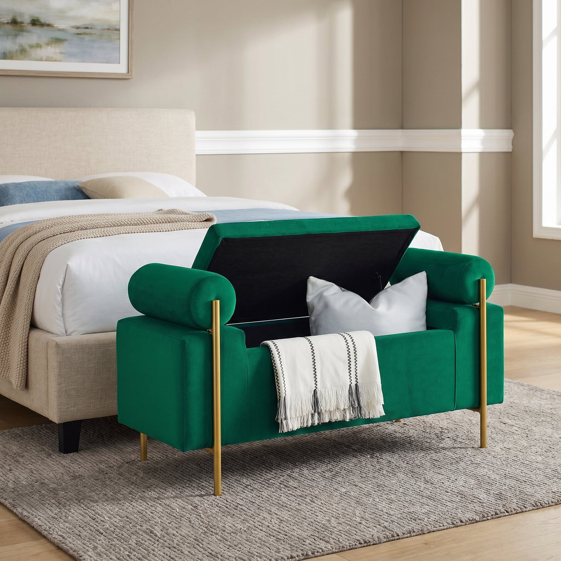 Everest green ottoman bench showing velvet seating with bolster arms at the foot of a bed
