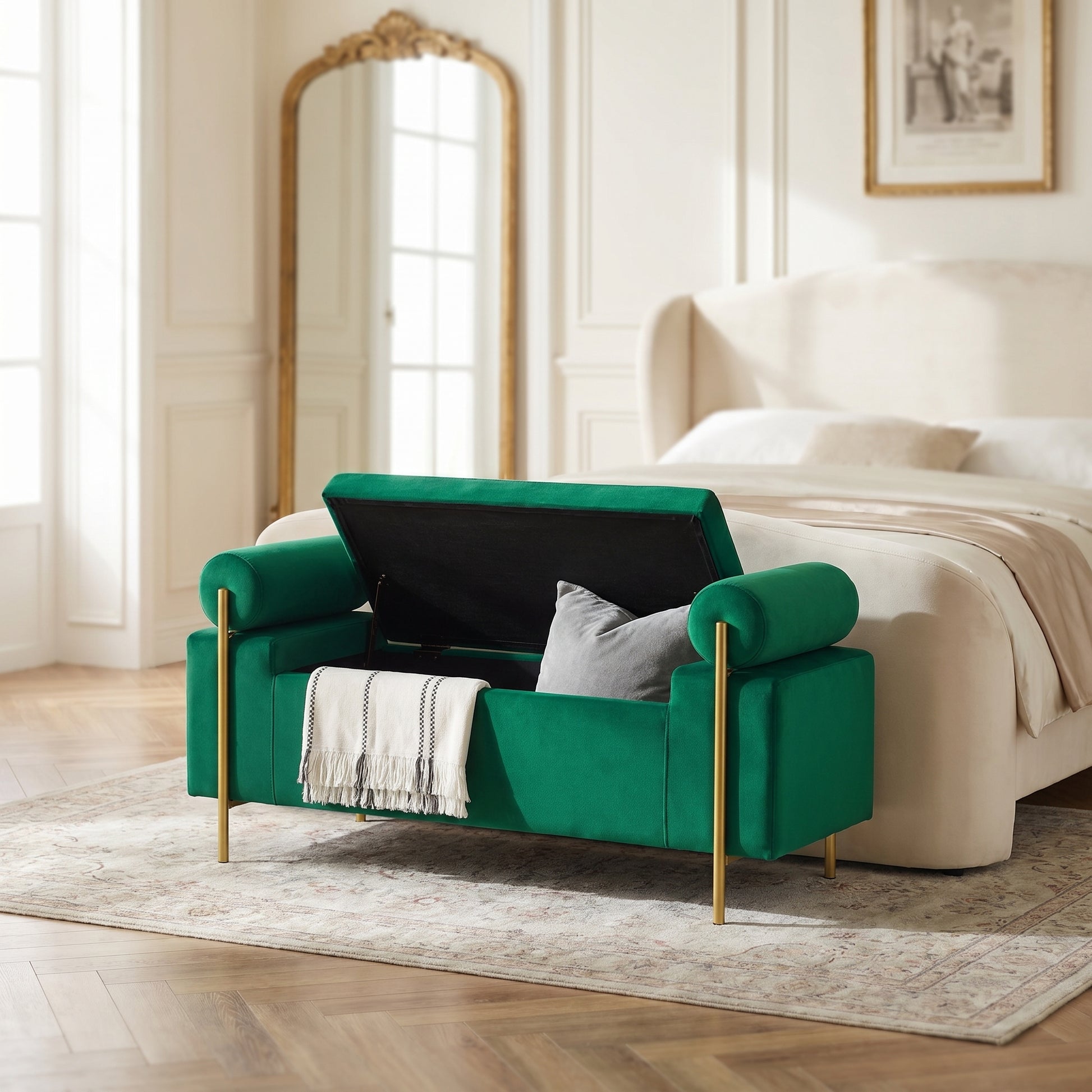 Everest green ottoman bench showing open storage in a bright bedroom setting