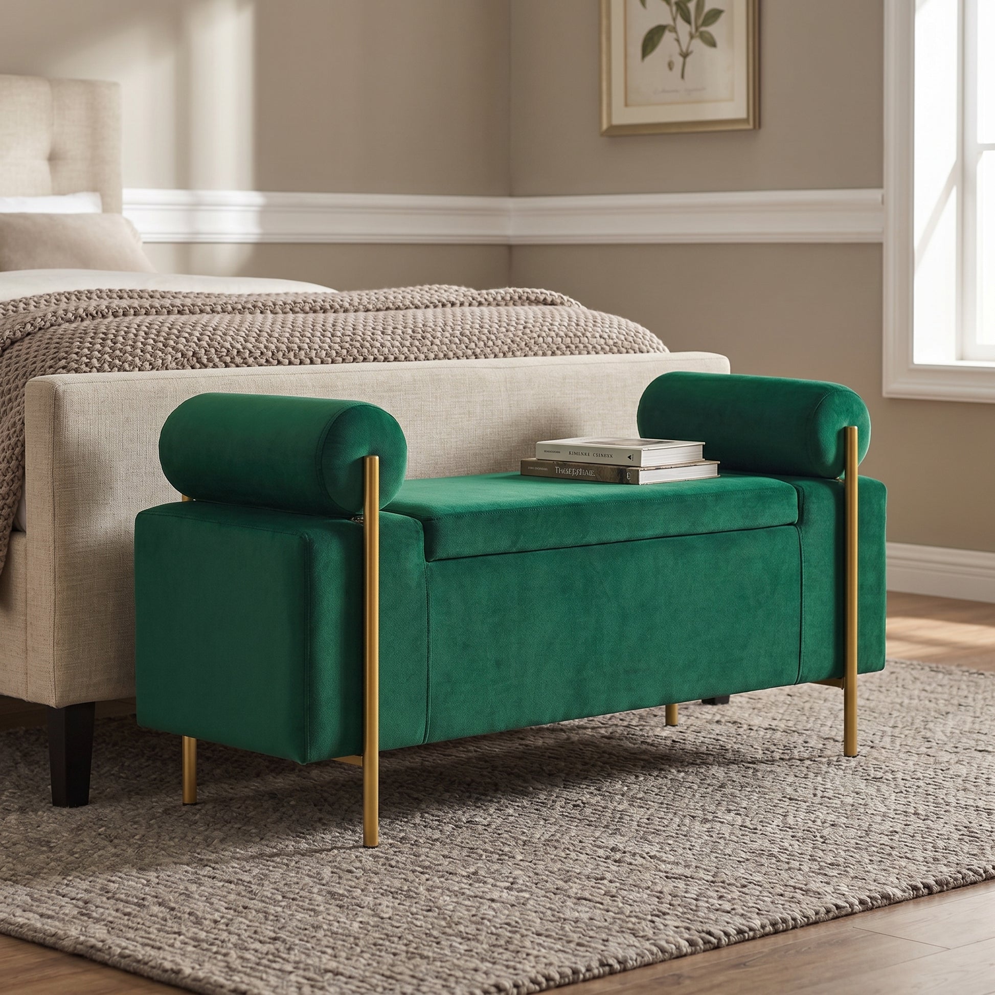 Everest green ottoman bench showing velvet upholstery and gold legs beside a bed