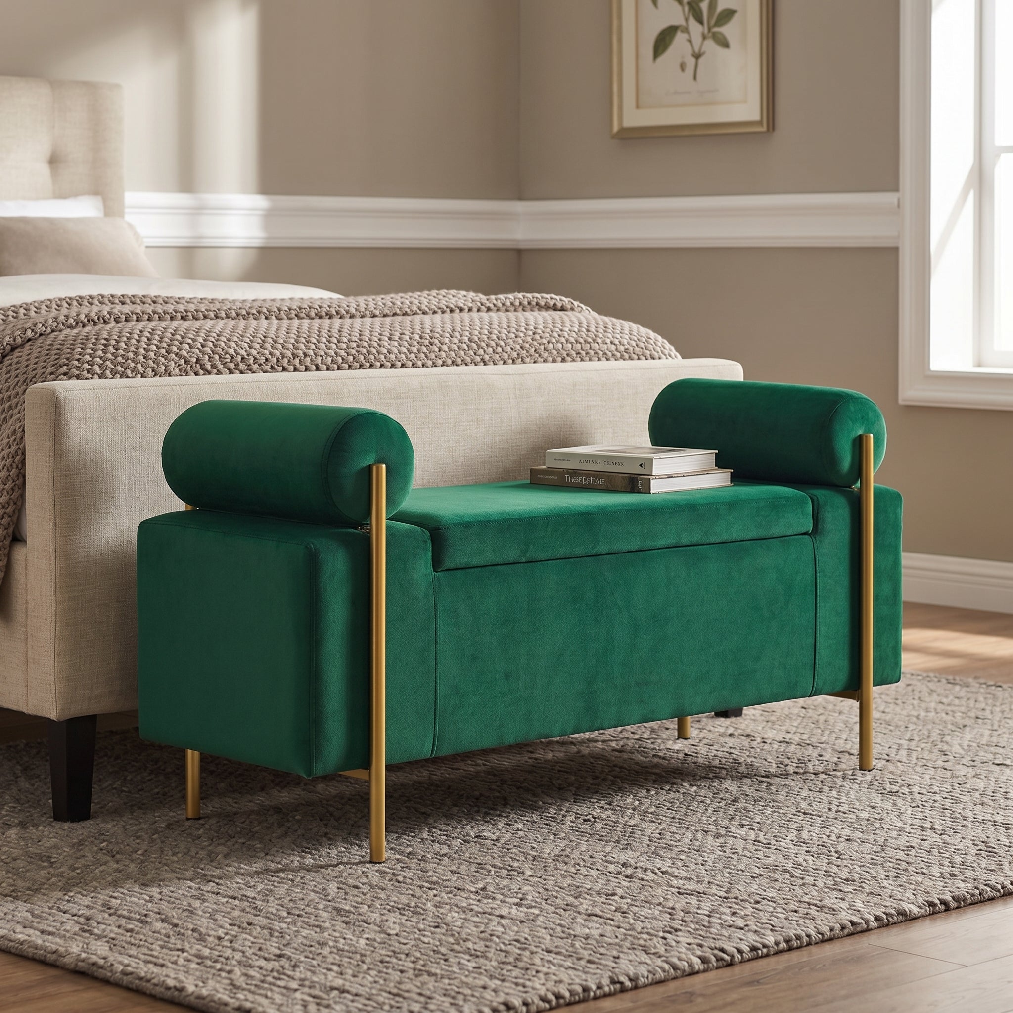 Everest green ottoman bench showing velvet upholstery and gold legs beside a bed