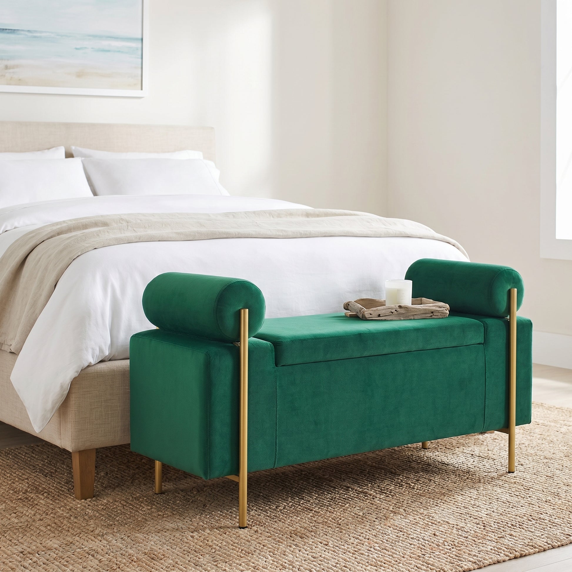 Everest green ottoman bench showing closed seating with bolster arms in a modern bedroom