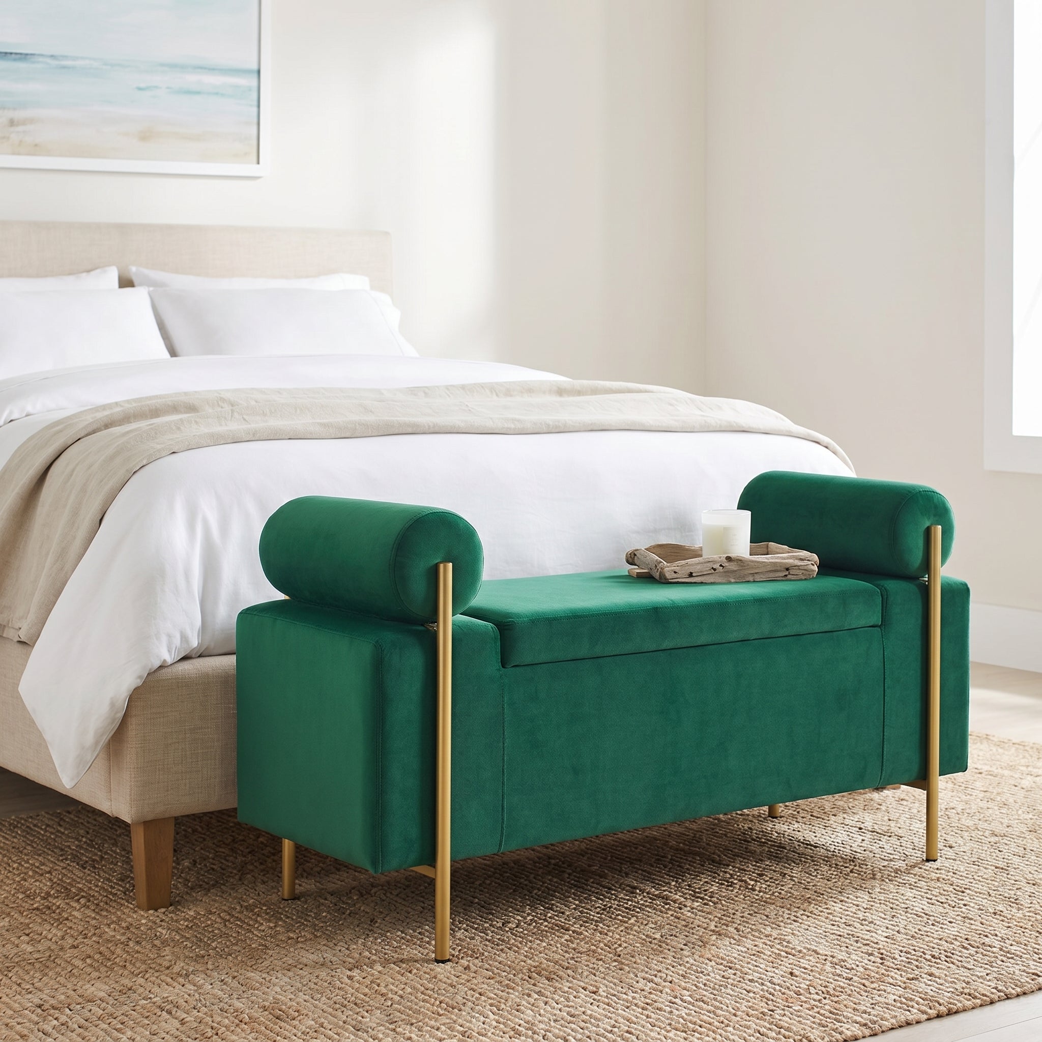 Everest green ottoman bench showing closed seating with bolster arms in a modern bedroom