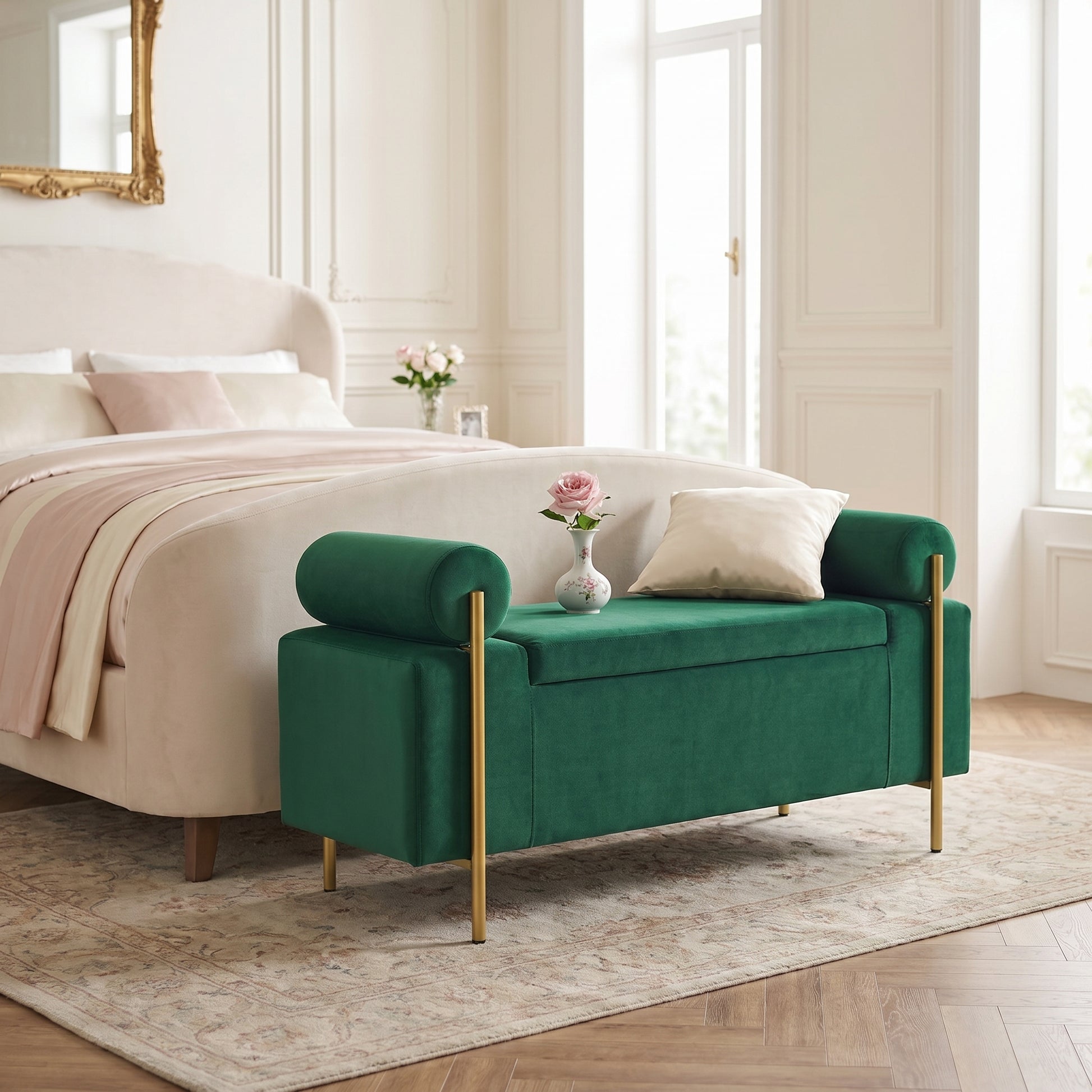 Everest green ottoman bench showing a storage bench positioned at the foot of a bed