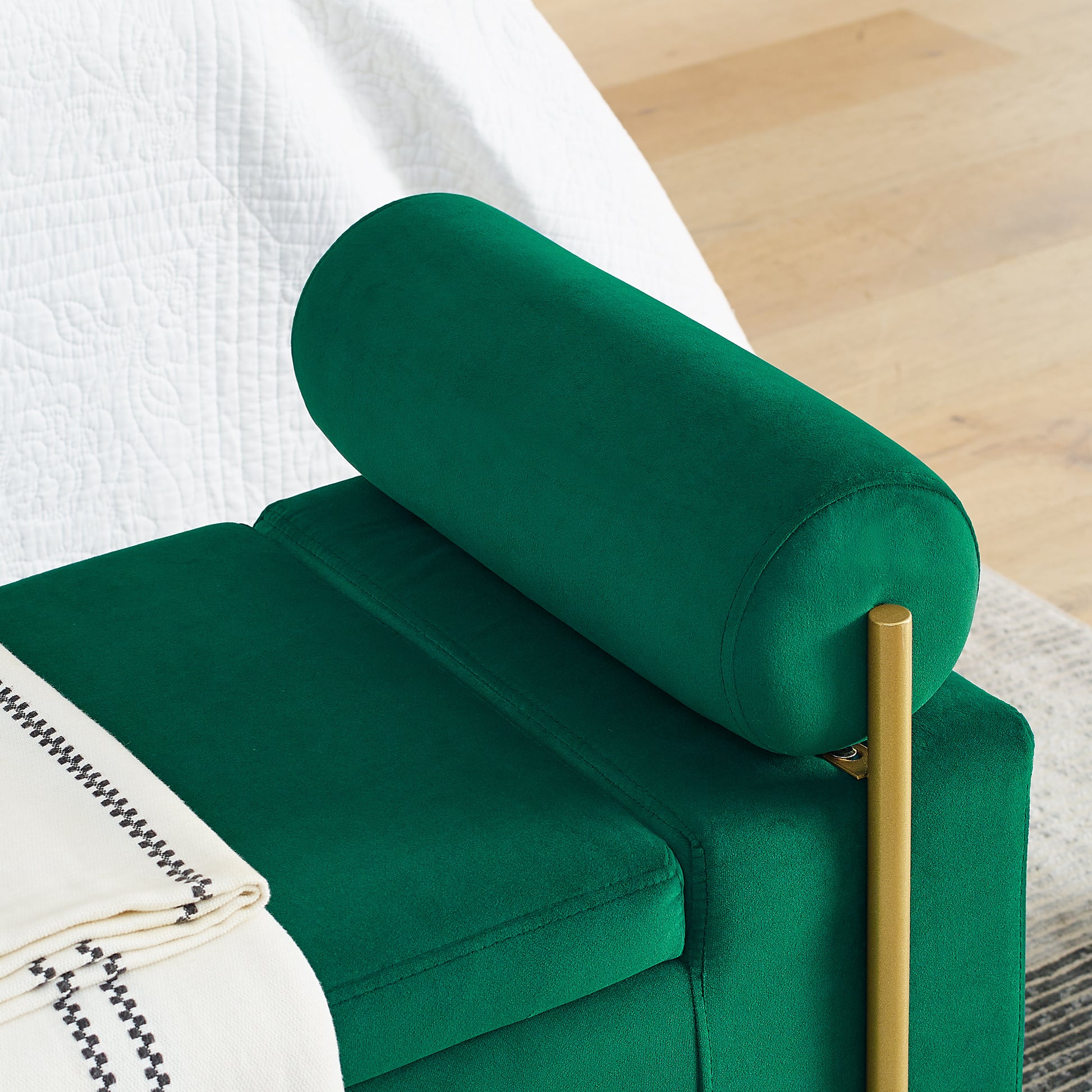 Everest green storage bench showing upholstered bolster arm detail