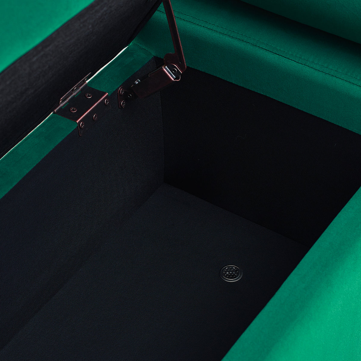 Everest green storage bench showing lift-top interior storage compartment detail