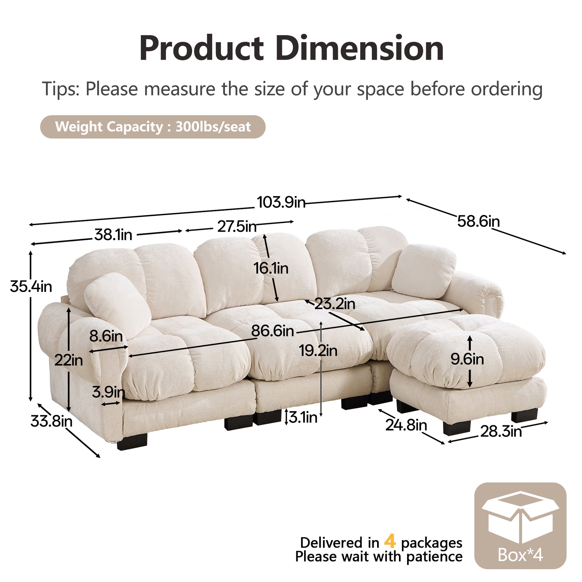 Fairmont beige quilted modular chenille sectional sofa showing product dimensions and measurements