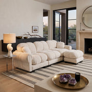 Fairmont beige quilted modular chenille L-shaped sectional sofa with ottoman in modern living room