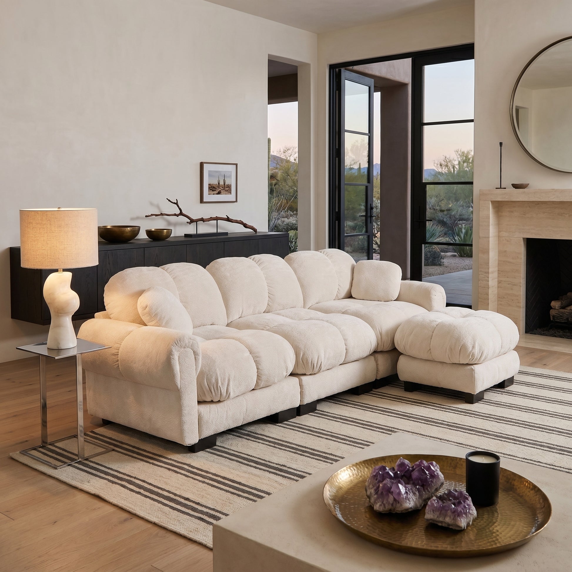Fairmont beige quilted modular chenille L-shaped sectional sofa with ottoman in modern living room