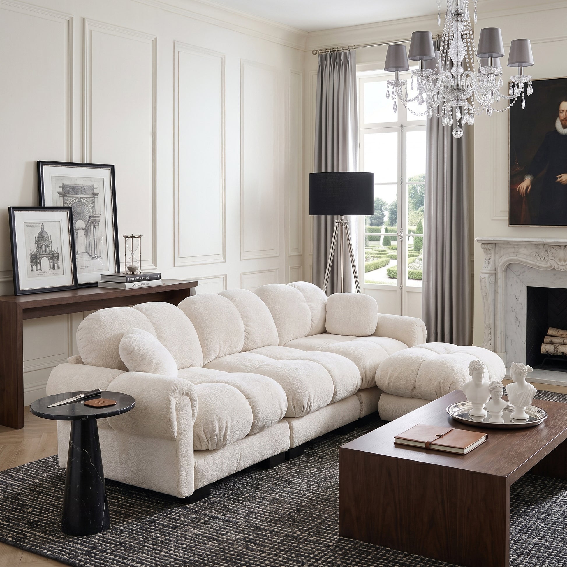 Fairmont beige quilted modular chenille L-shaped sectional sofa with ottoman in elegant living room with chandelier