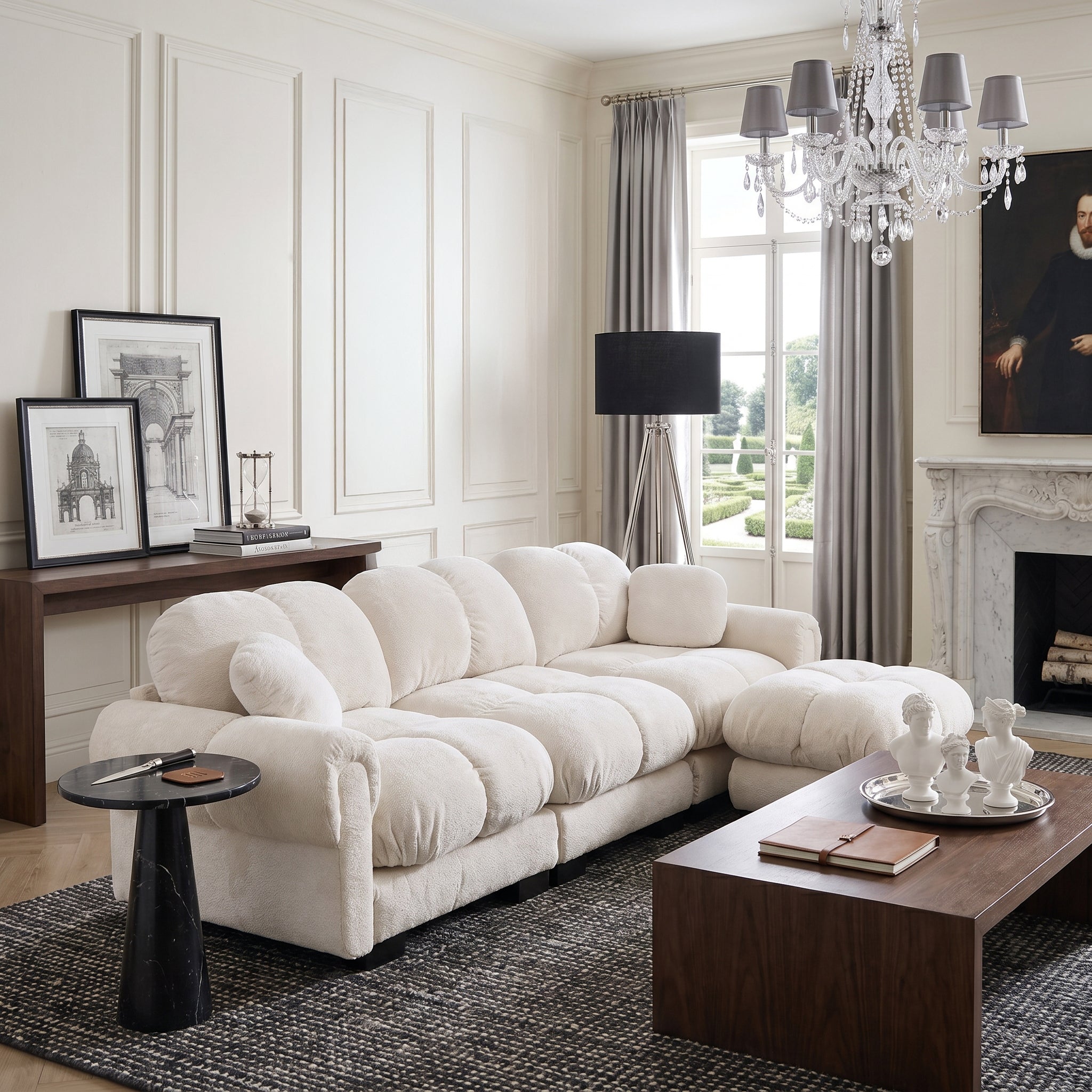 Fairmont beige quilted modular chenille L-shaped sectional sofa with ottoman in elegant living room with chandelier