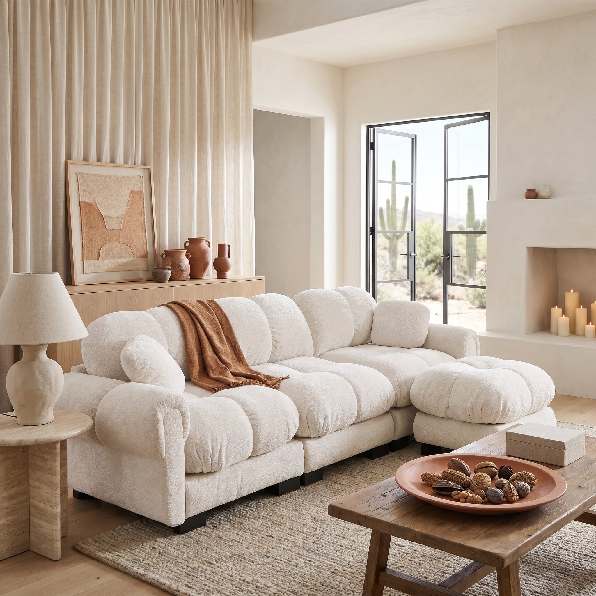 Fairmont beige quilted modular chenille L-shaped sectional sofa with ottoman in cozy contemporary living room