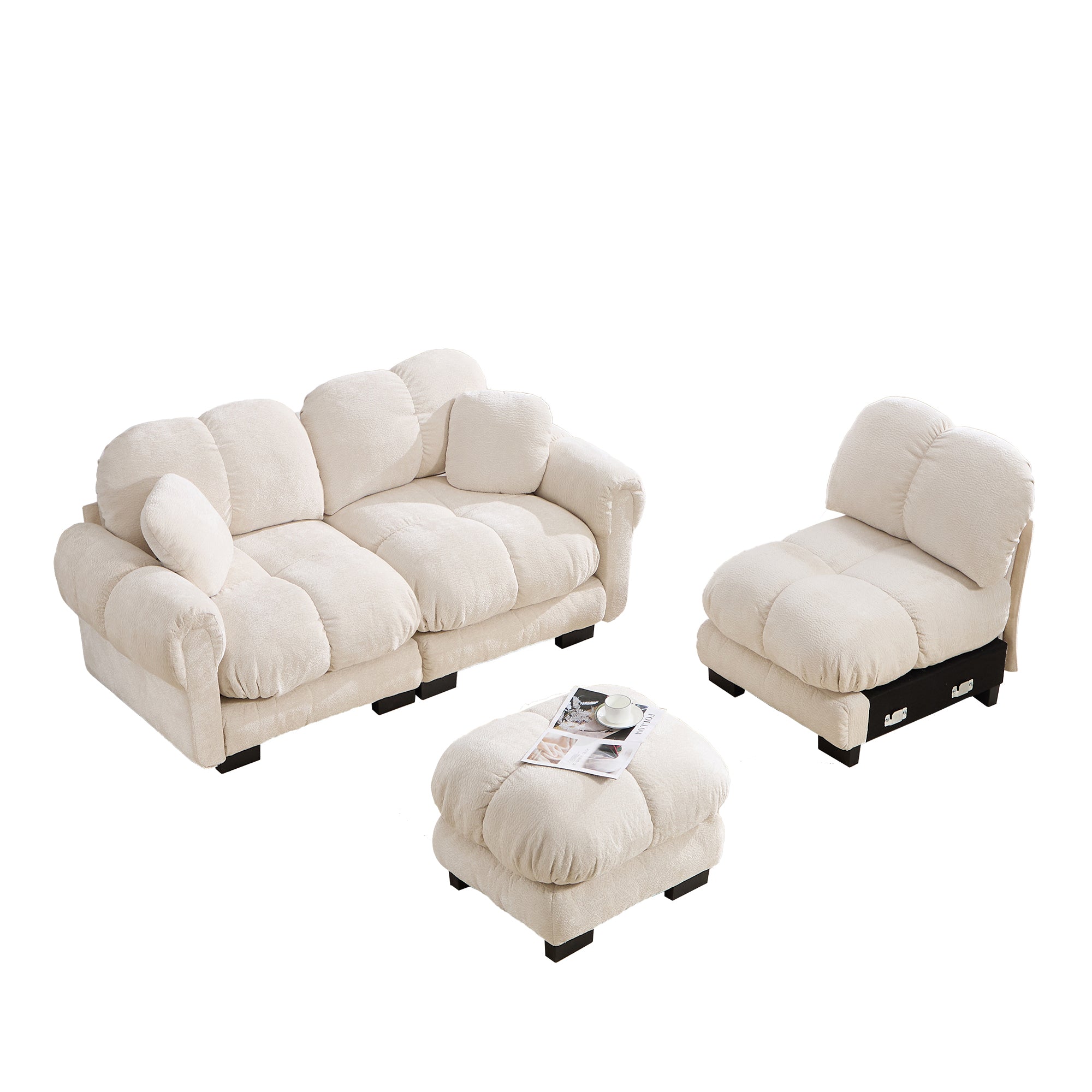 Fairmont beige quilted modular chenille L-shaped sectional sofa with ottoman and modular pieces isolated on white background