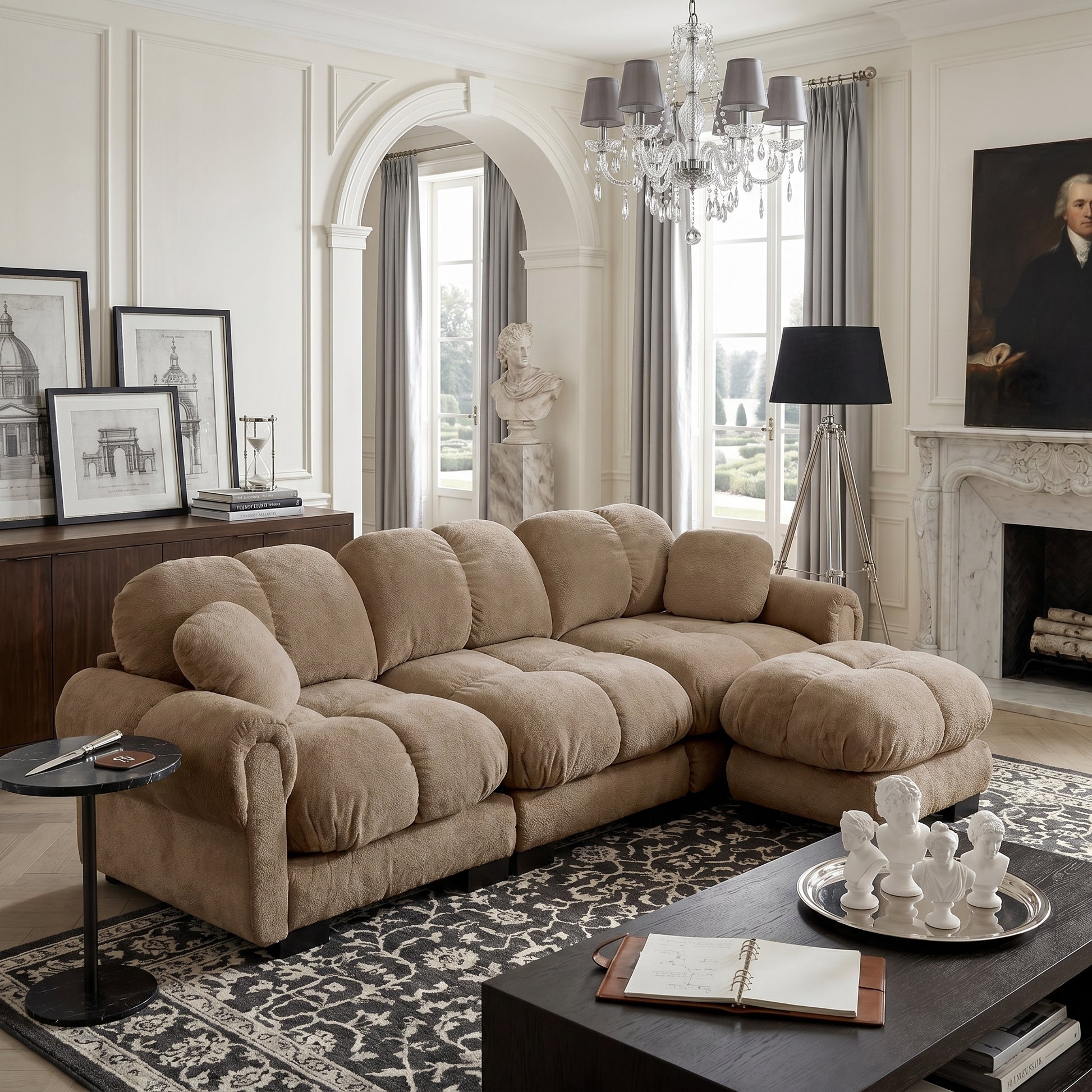 Fairmont brown quilted modular chenille L-shaped sectional sofa with ottoman in elegant living room with chandelier