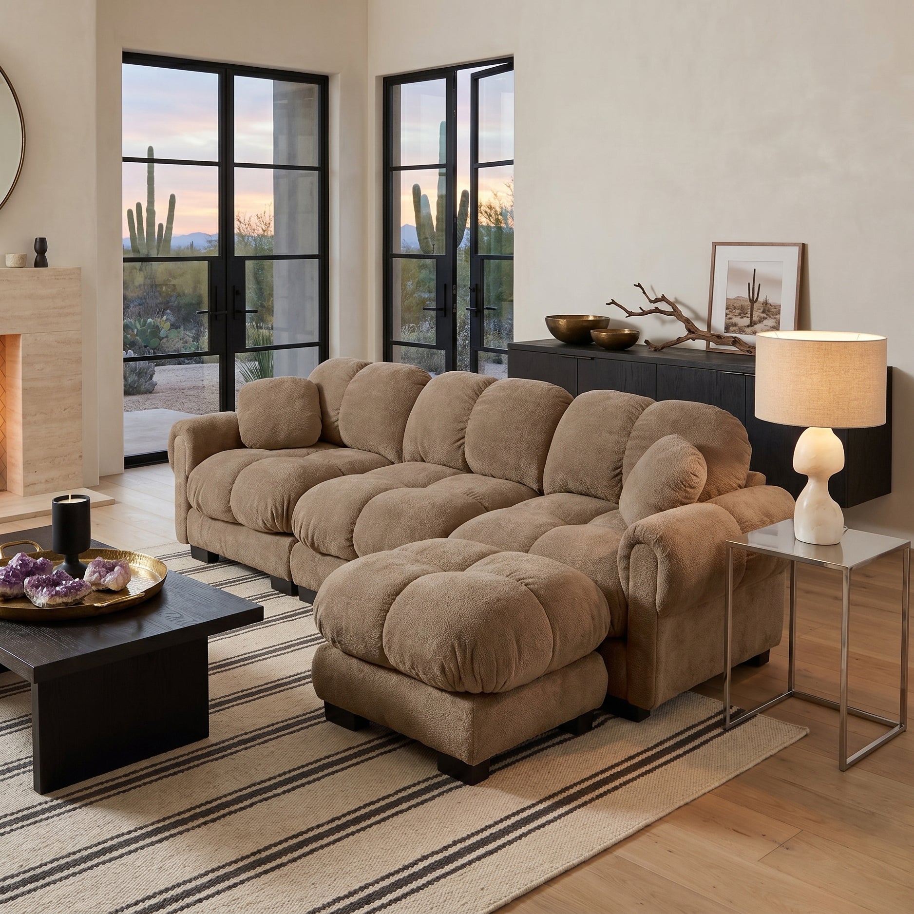 Fairmont brown quilted modular chenille L-shaped sectional sofa with ottoman in modern open living room