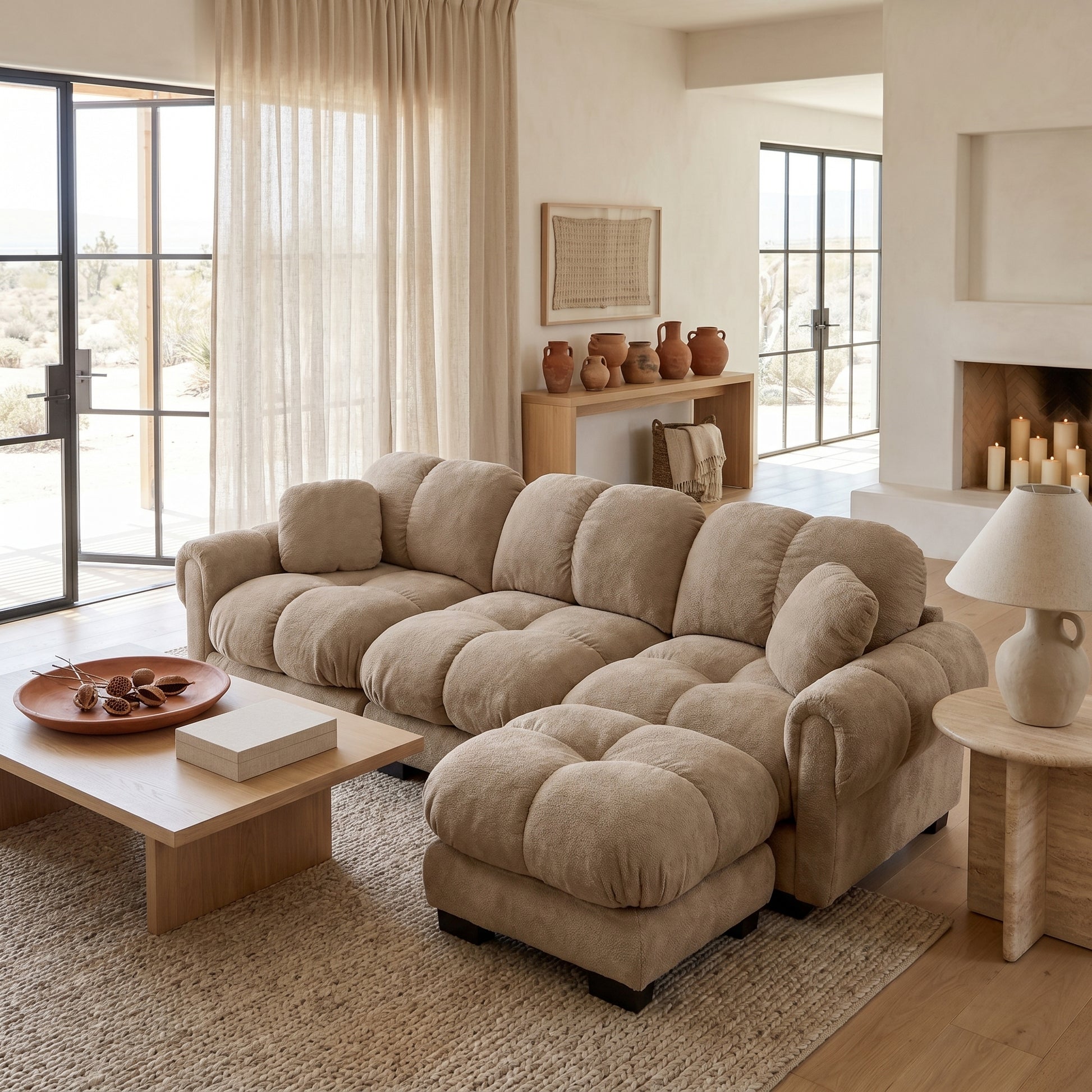 Fairmont brown quilted modular chenille L-shaped sectional sofa with ottoman in cozy contemporary living room