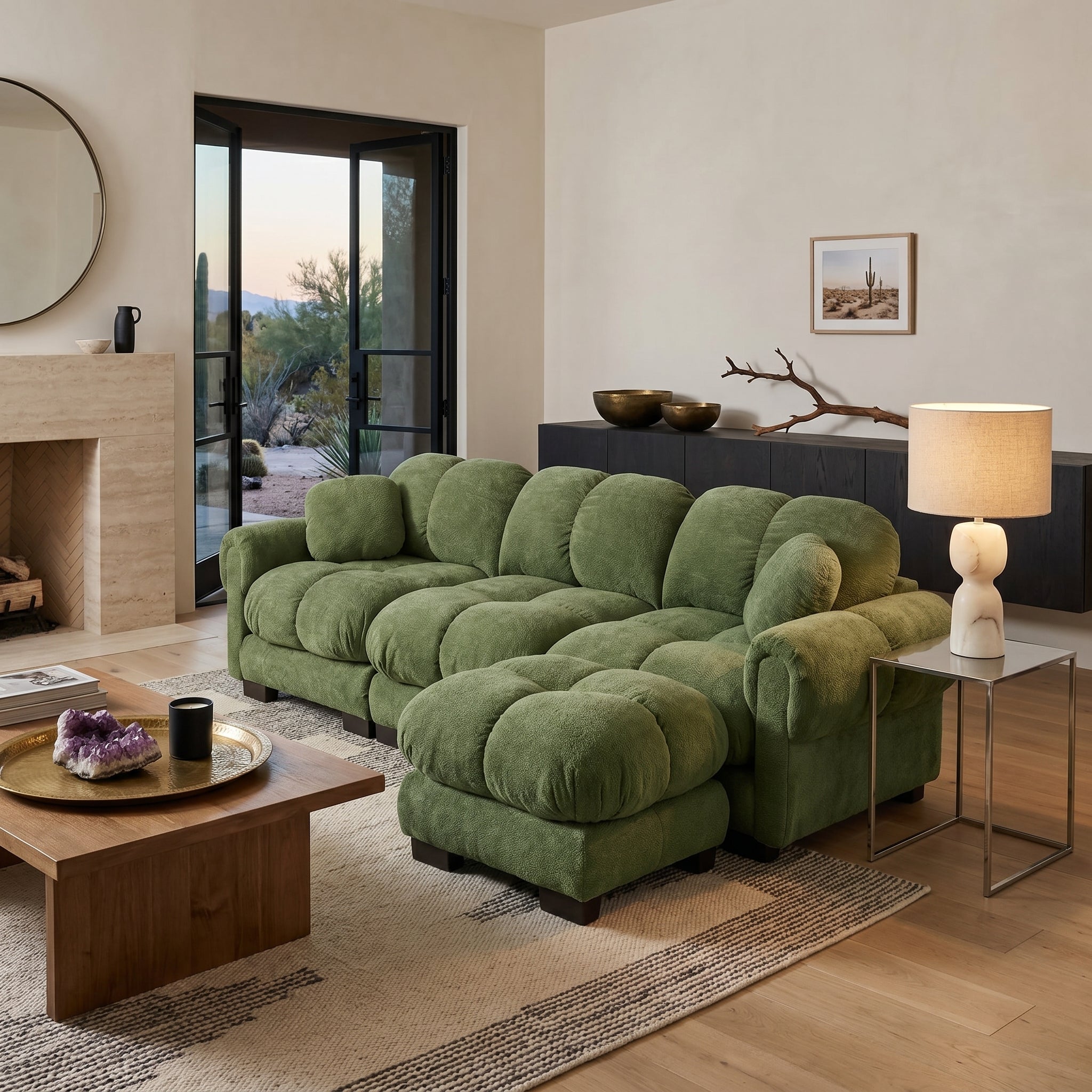 Fairmont green quilted modular chenille L-shaped sectional sofa with ottoman in modern living room