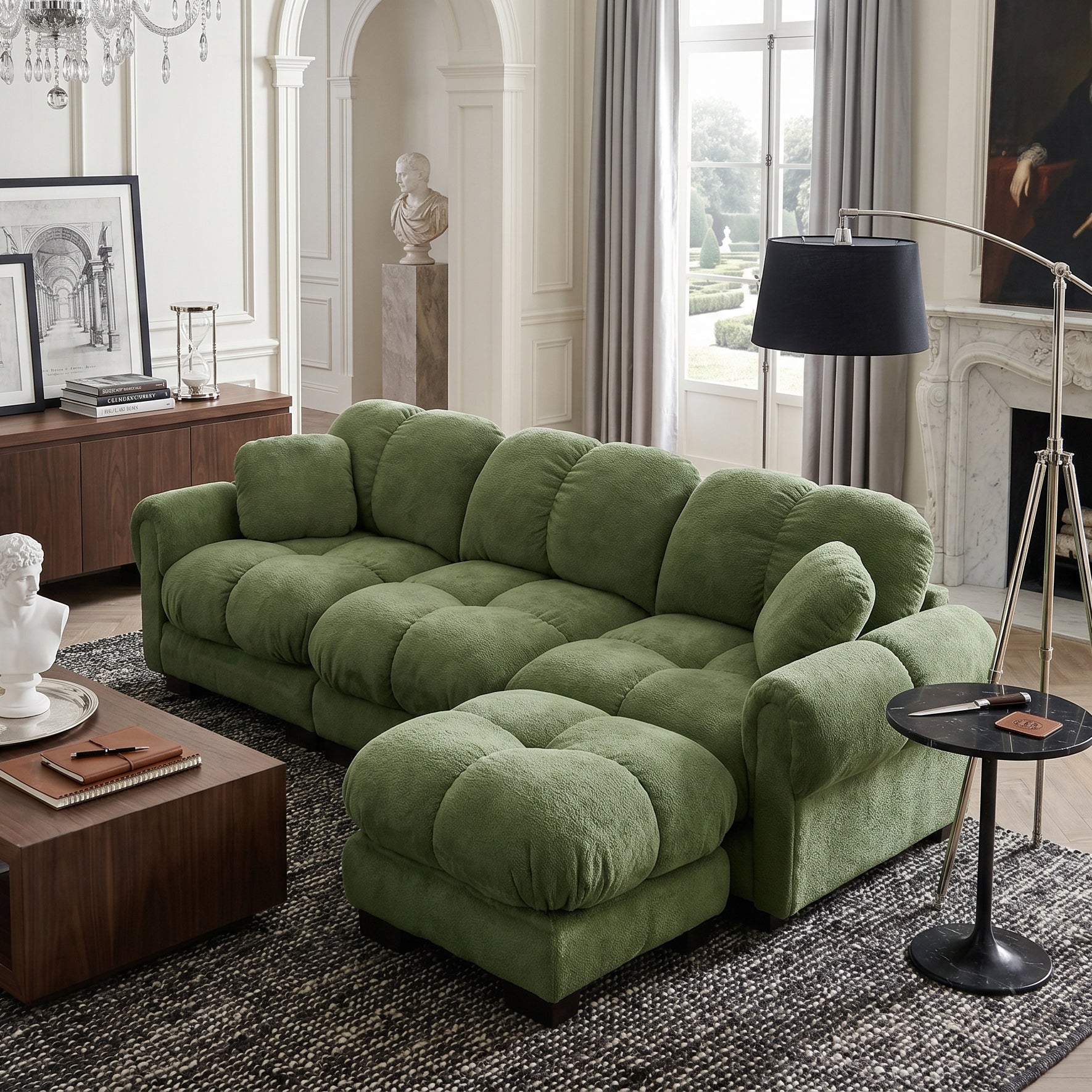 Fairmont green quilted modular chenille L-shaped sectional sofa with ottoman in elegant living room with chandelier