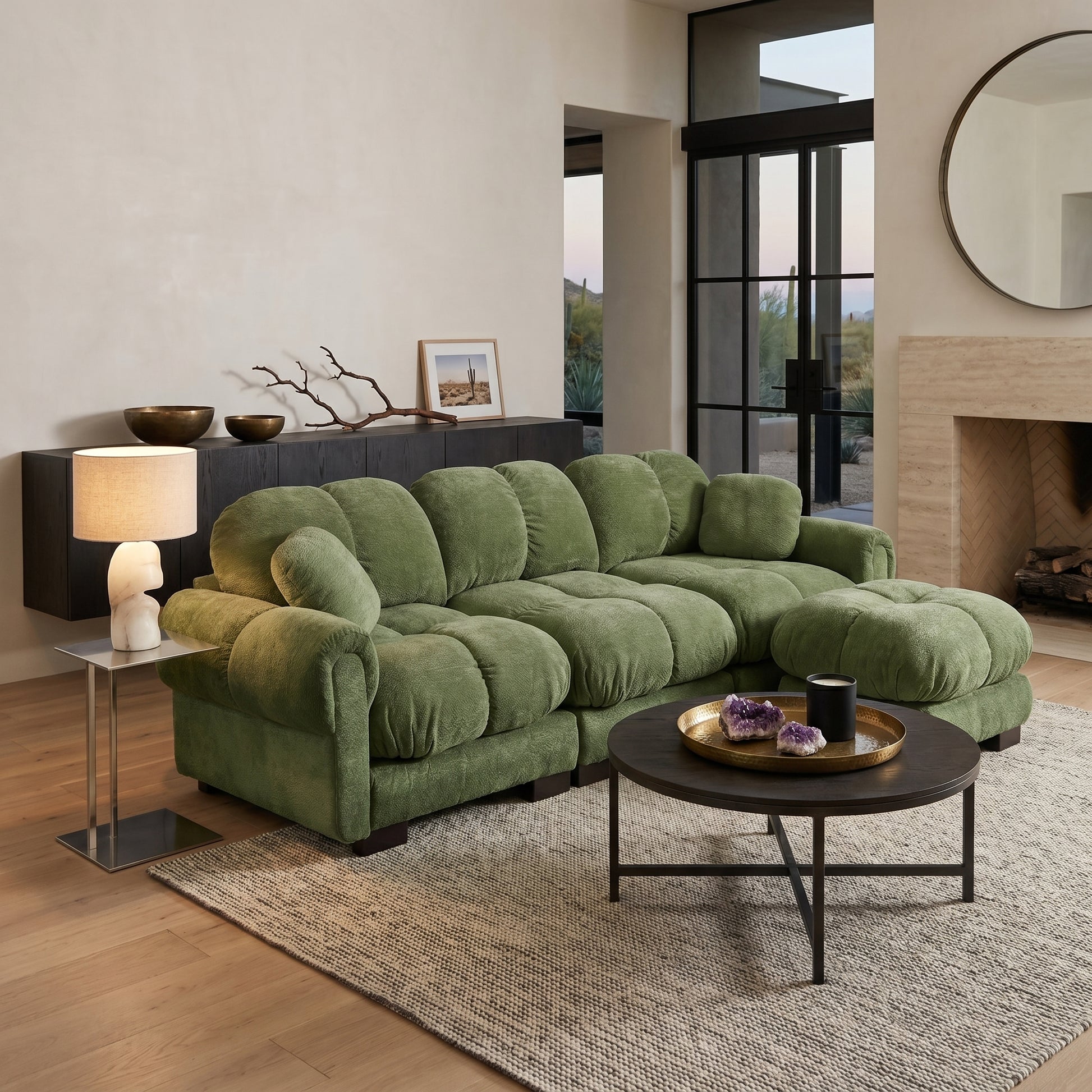 Fairmont green quilted modular chenille L-shaped sectional sofa with ottoman in cozy contemporary living room