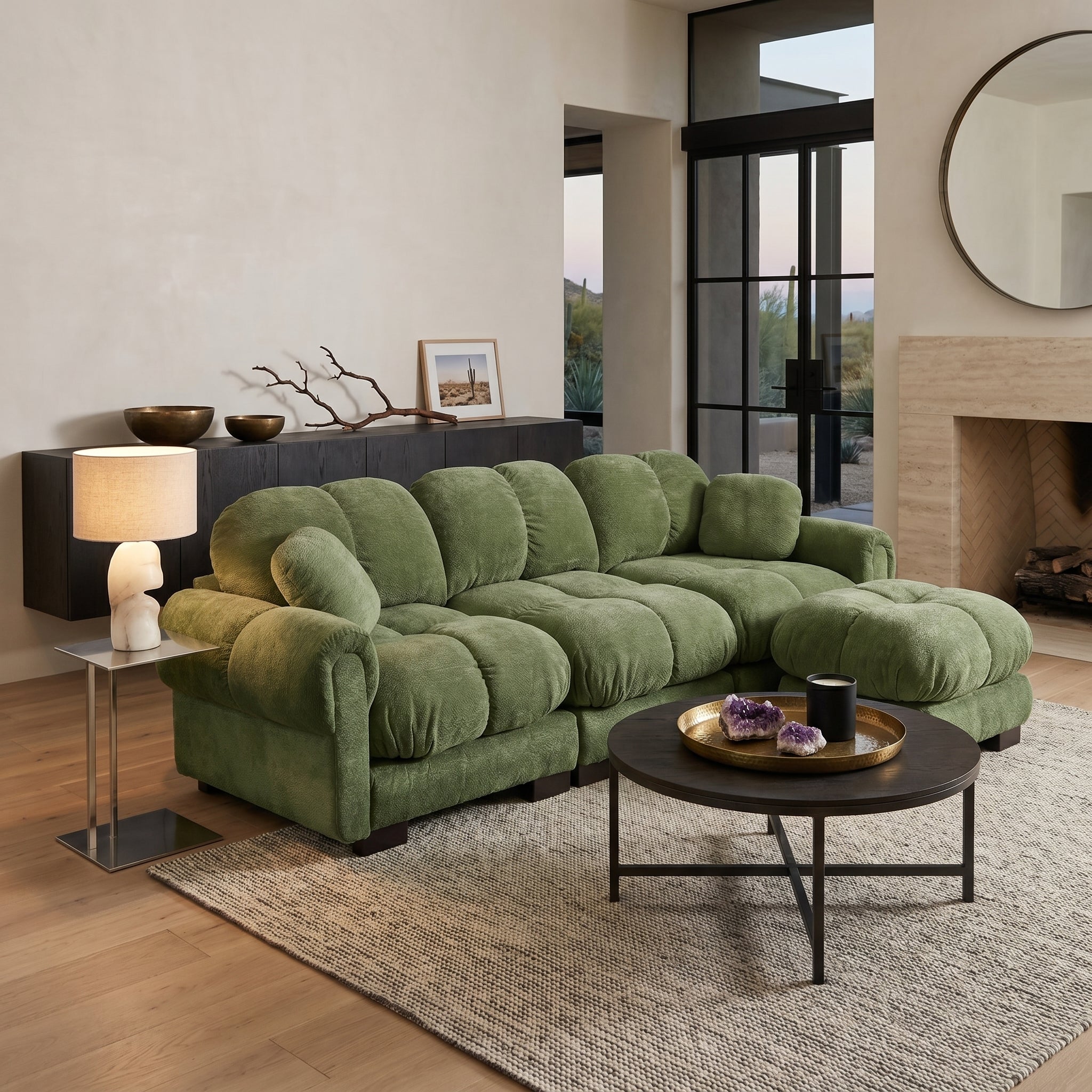Fairmont green quilted modular chenille L-shaped sectional sofa with ottoman in cozy contemporary living room