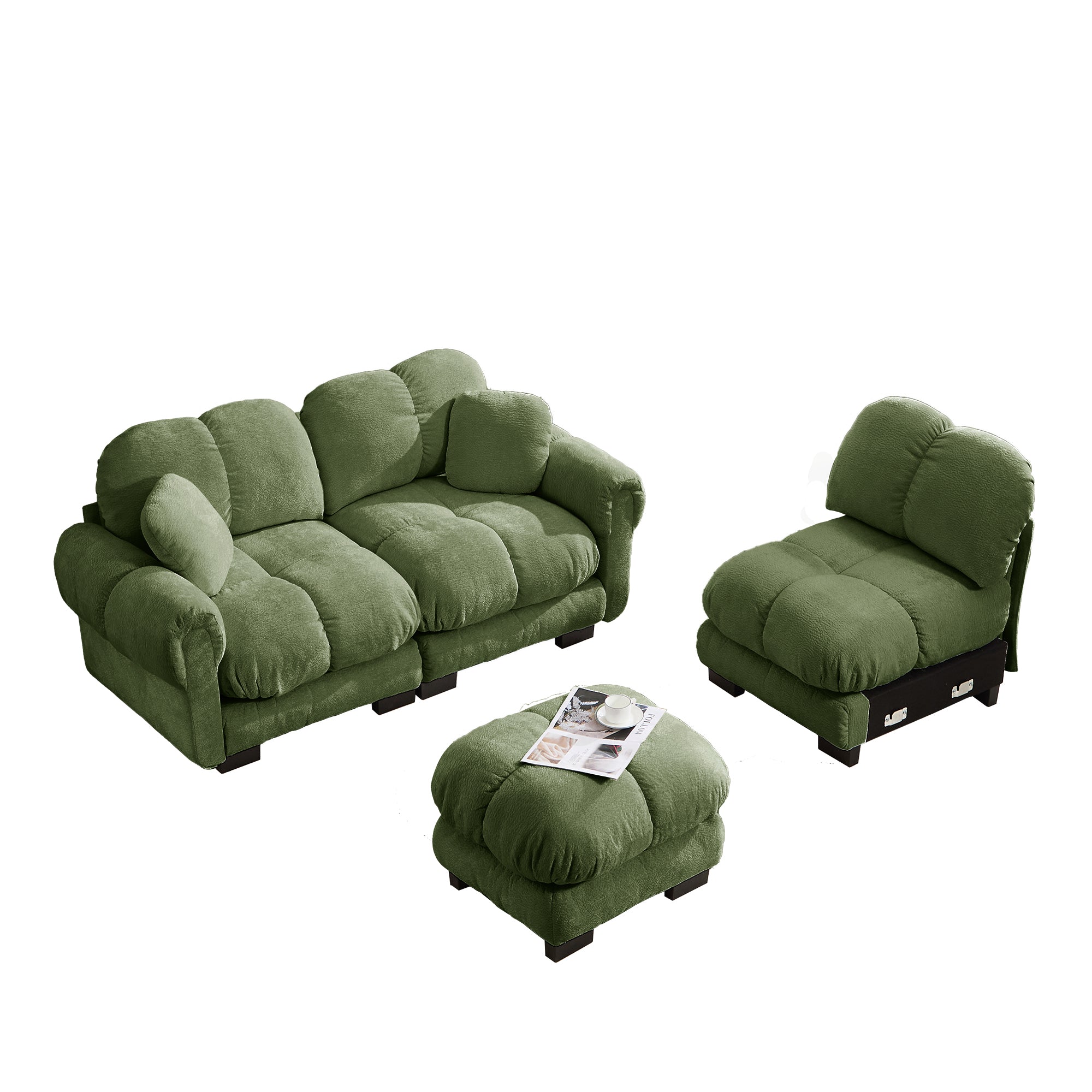 Fairmont green quilted modular chenille L-shaped sectional sofa with ottoman and modular pieces isolated on white background