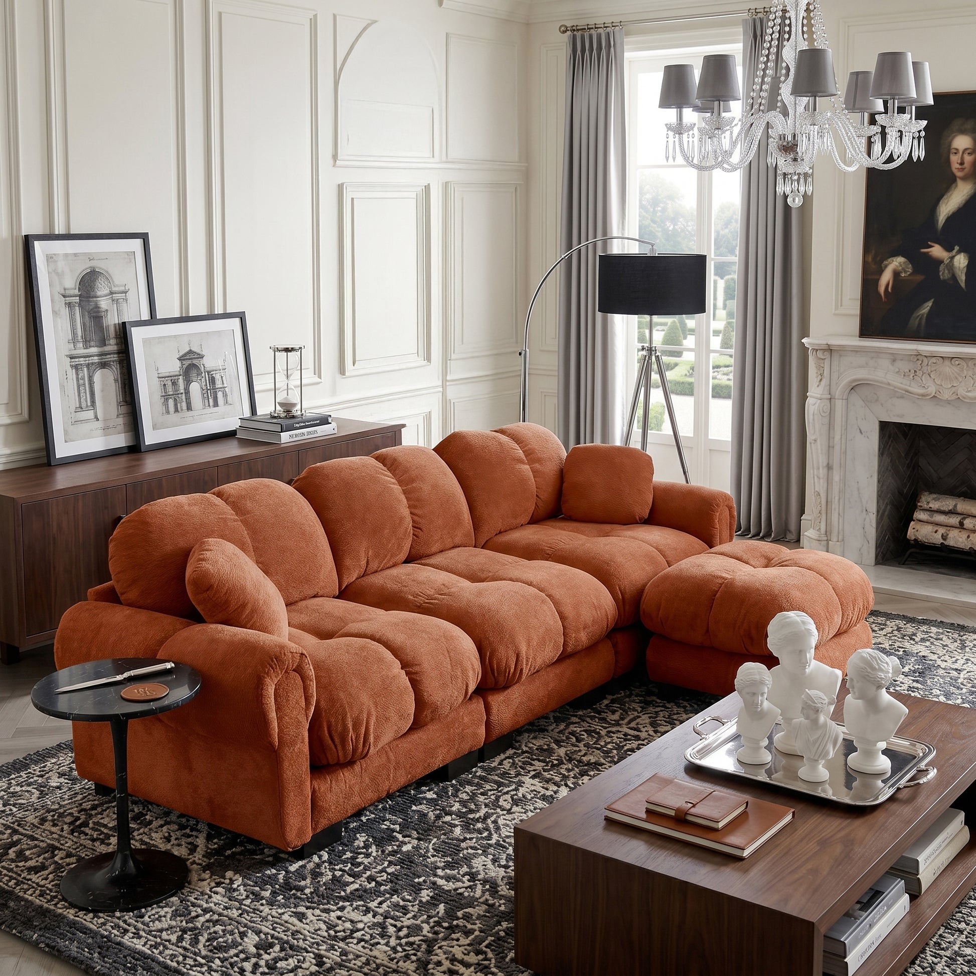Fairmont orange quilted modular chenille L-shaped sectional sofa with ottoman in elegant living room with chandelier
