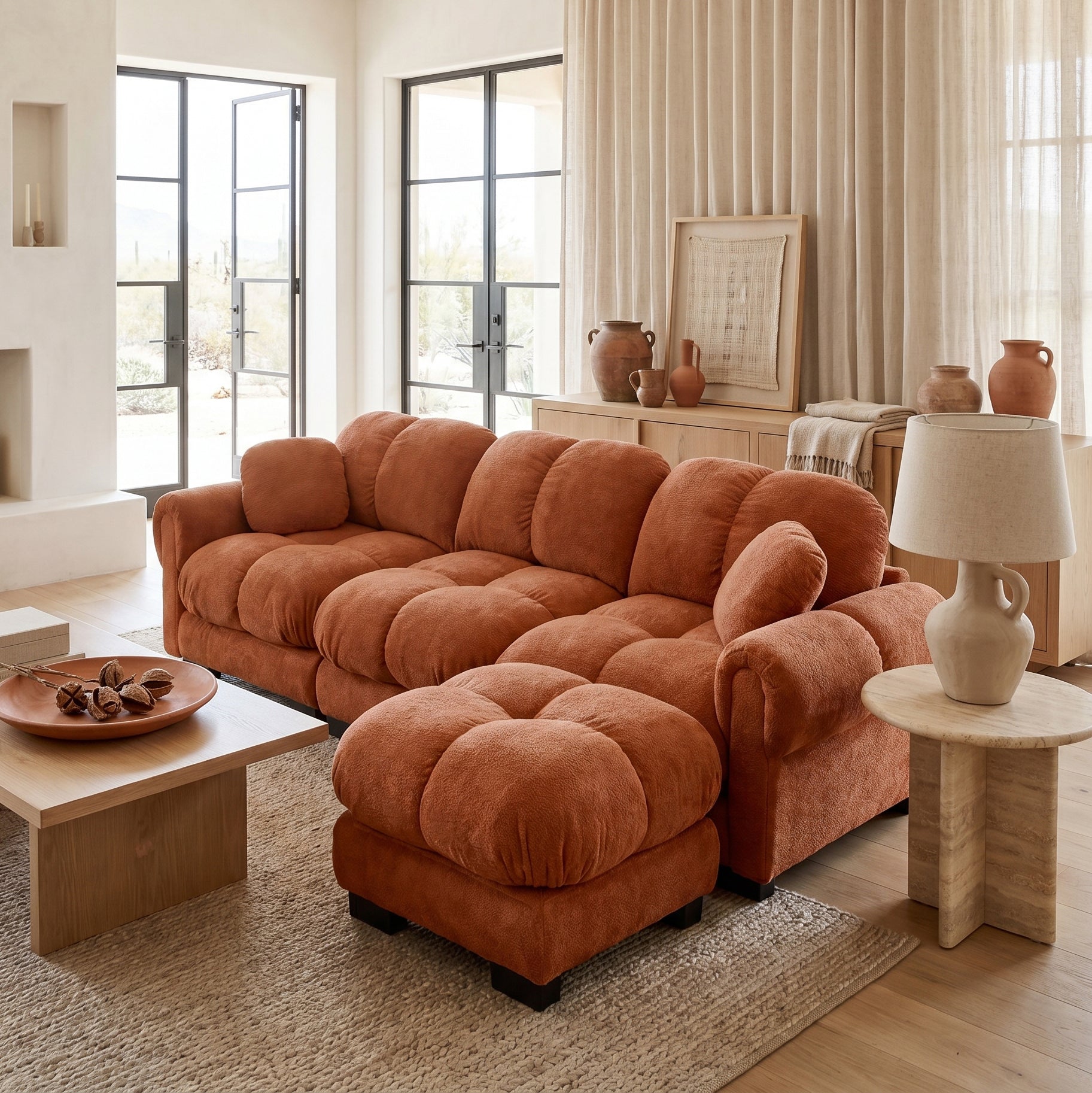 Fairmont orange quilted modular chenille L-shaped sectional sofa with ottoman in cozy contemporary living room