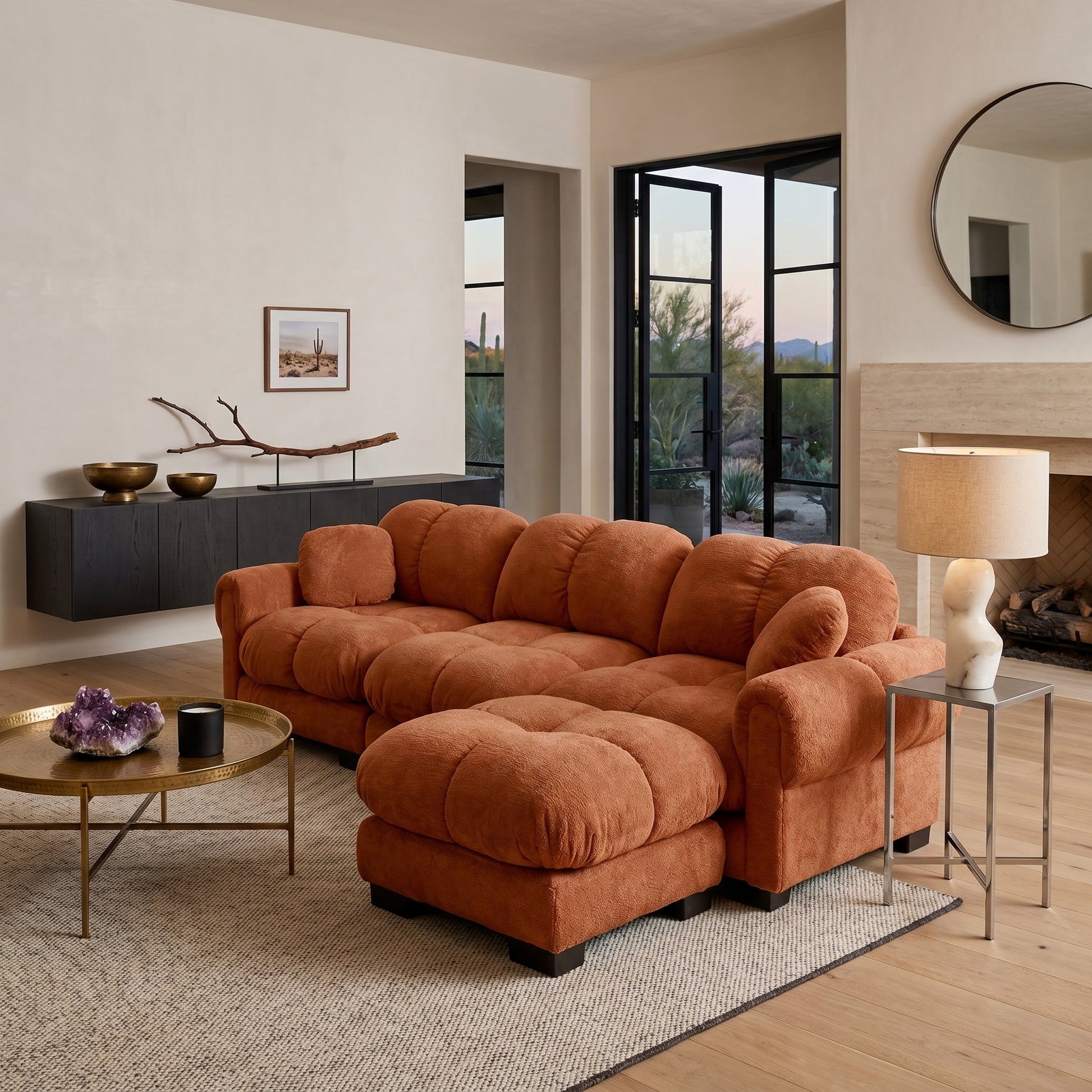 Fairmont orange quilted modular chenille L-shaped sectional sofa with ottoman in modern open living room