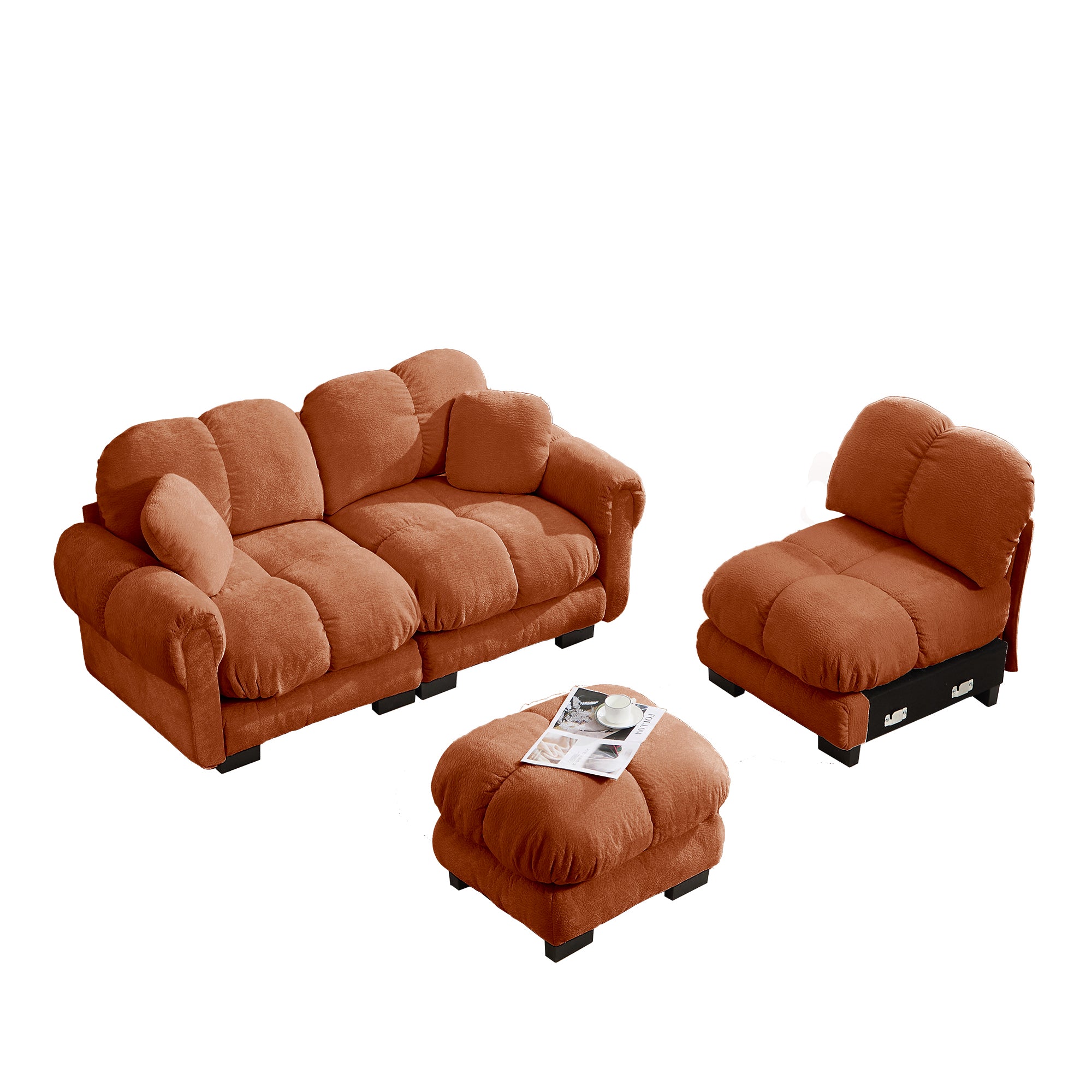 Fairmont orange quilted modular chenille L-shaped sectional sofa with ottoman and modular pieces isolated on white background
