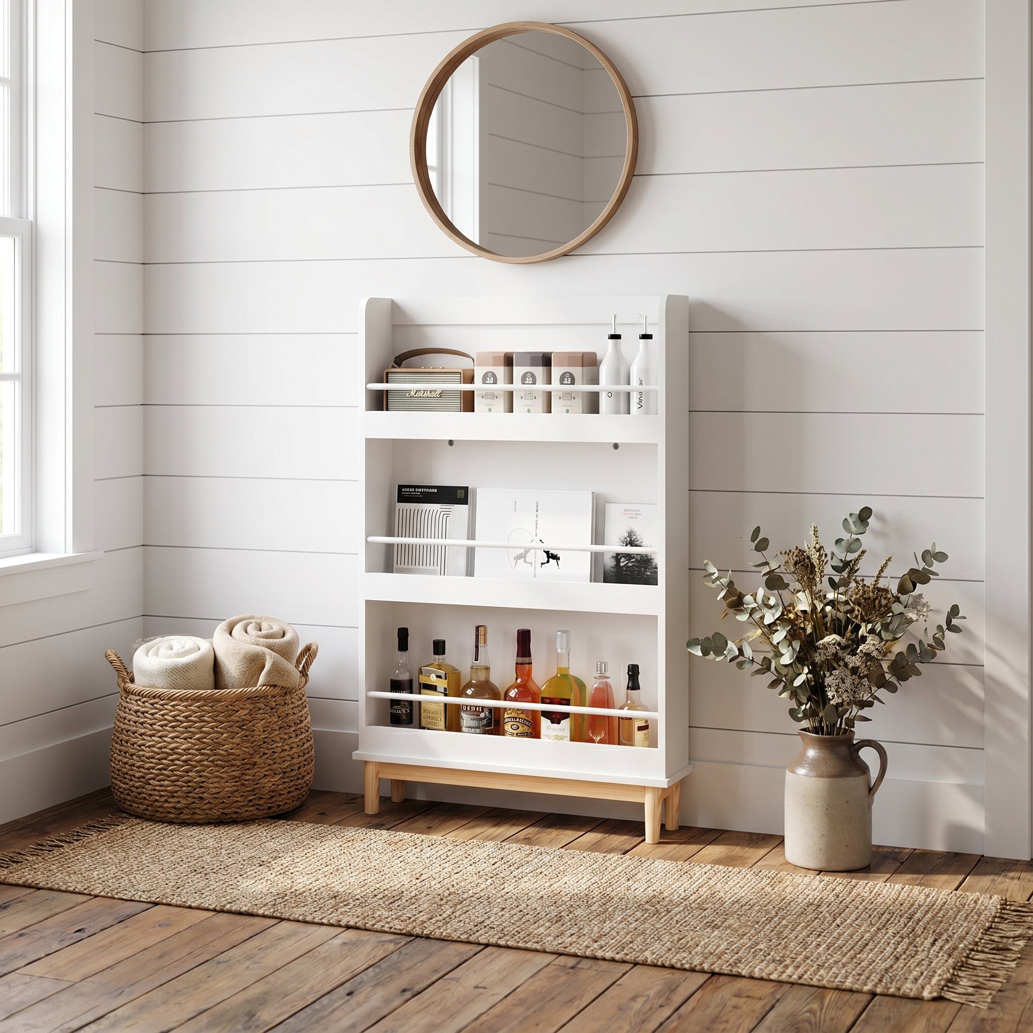 Fawn white bookshelf showing books and decor displayed in a softly lit room