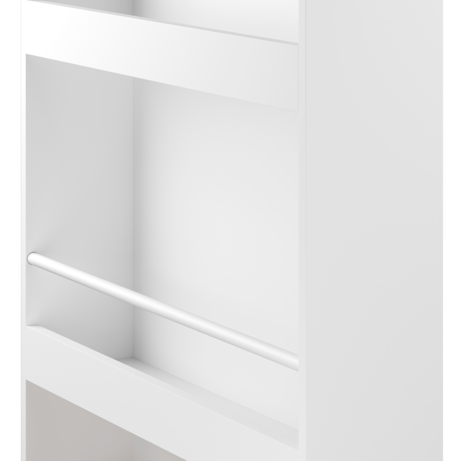 Fawn white display bookshelf showing overall storage layout and front-facing shelves