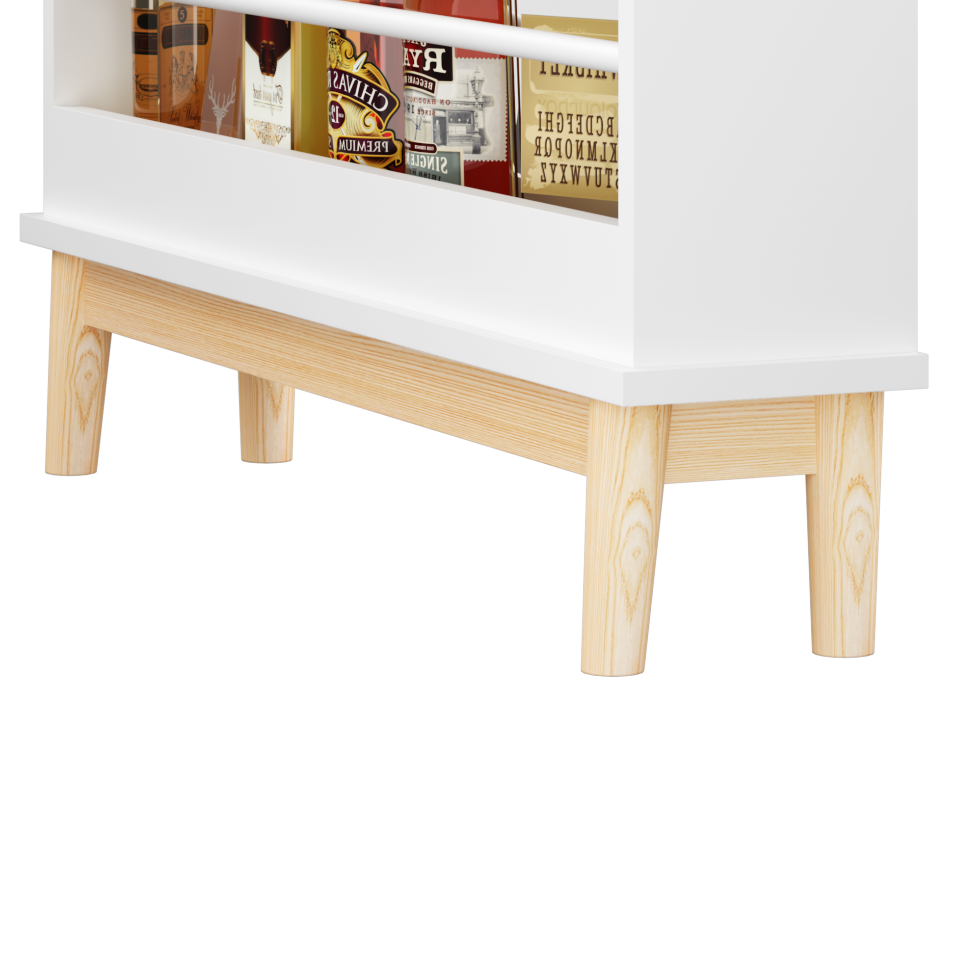 Fawn white display bookshelf showing upper front-facing display shelves detail
