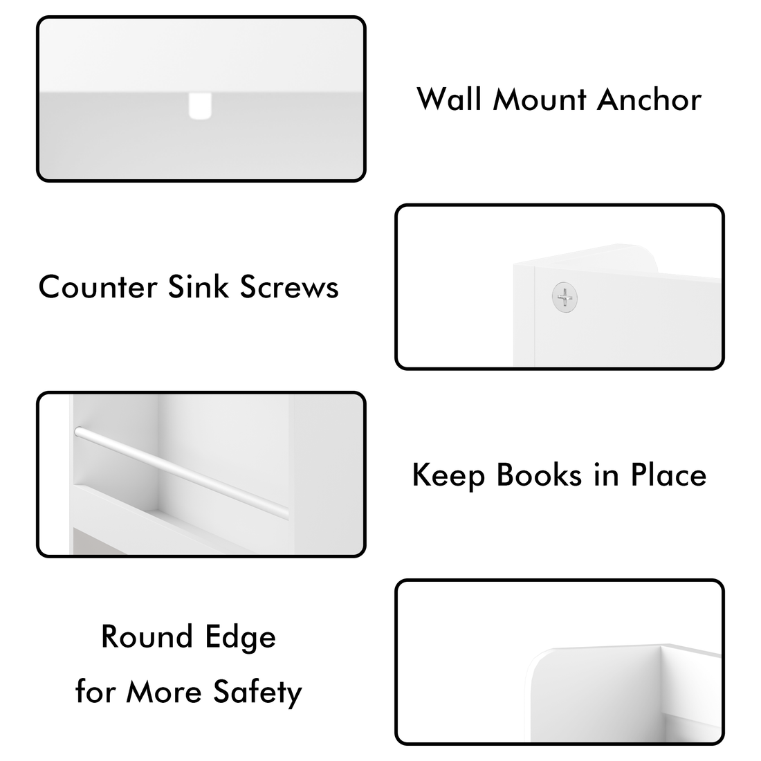 Fawn white display bookshelf showing wall mount anchor, countersunk screws, book guard rail and rounded edge detail