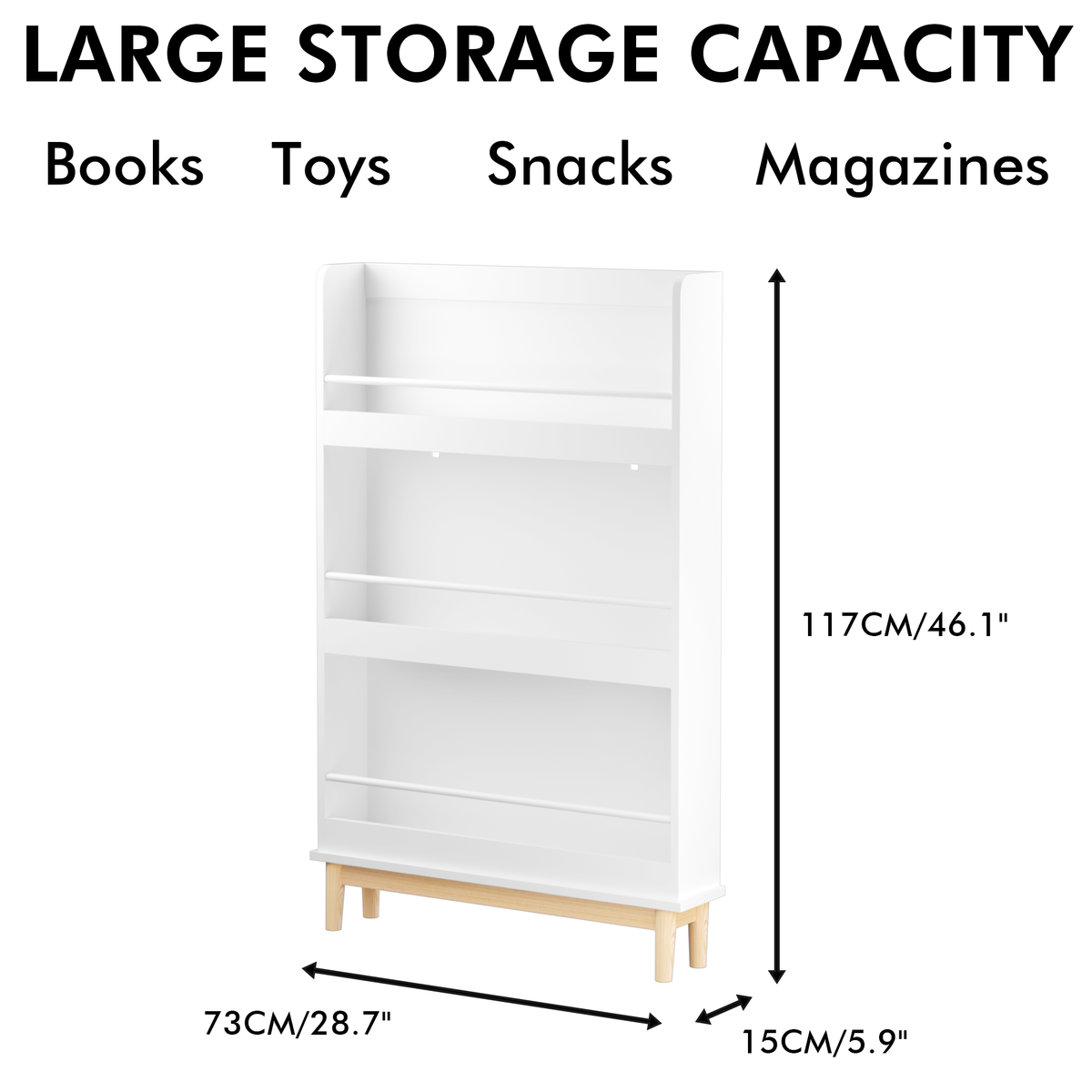 Fawn white display bookshelf showing product dimensions