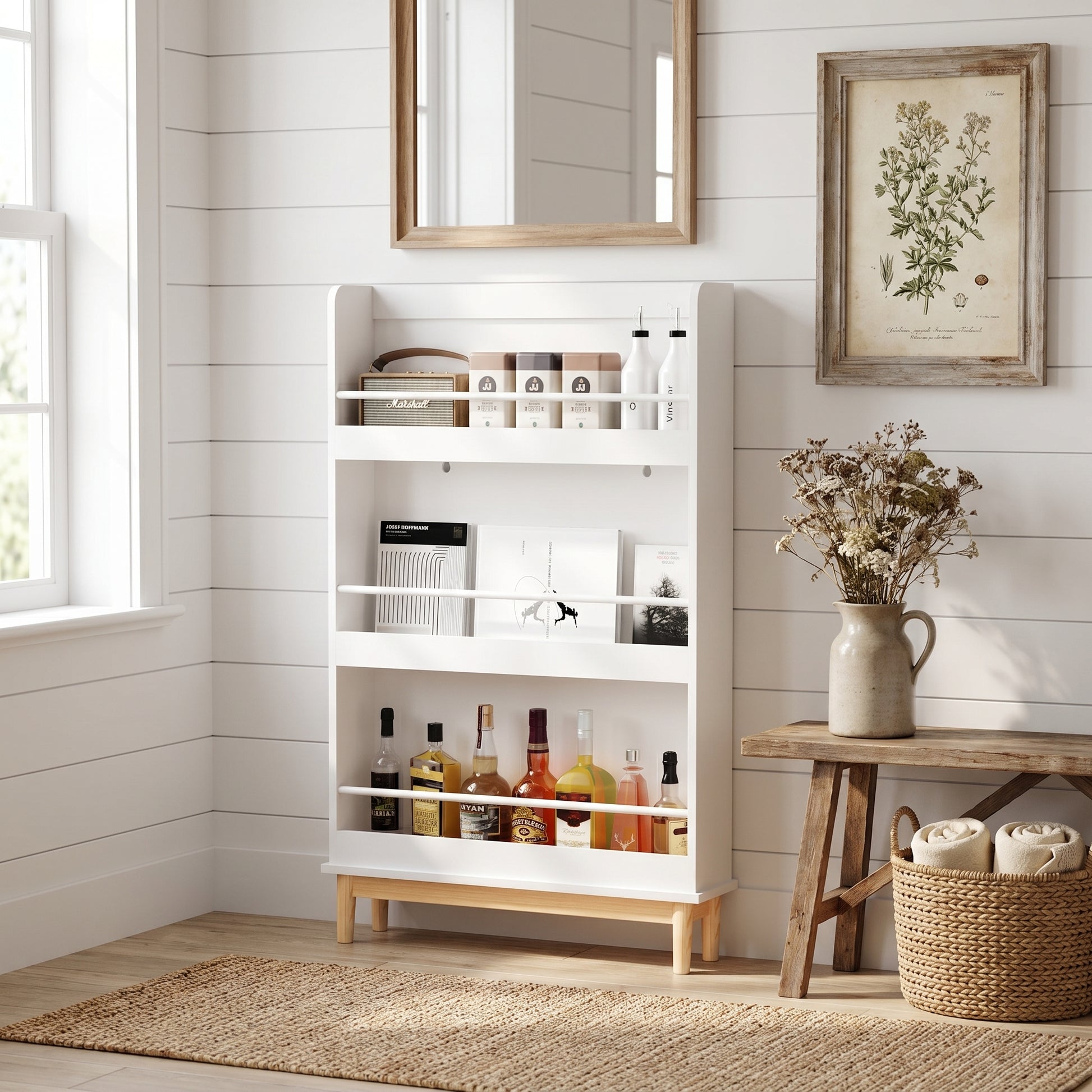 Fawn white bookshelf showing books and small items organized in a bright room corner