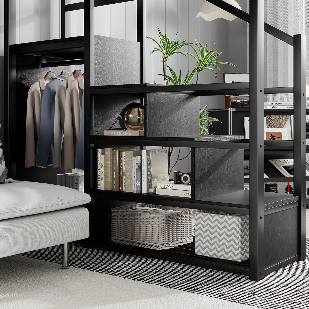 Fenra black full size metal loft bed close-up of the wardrobe, open shelving and storage compartments