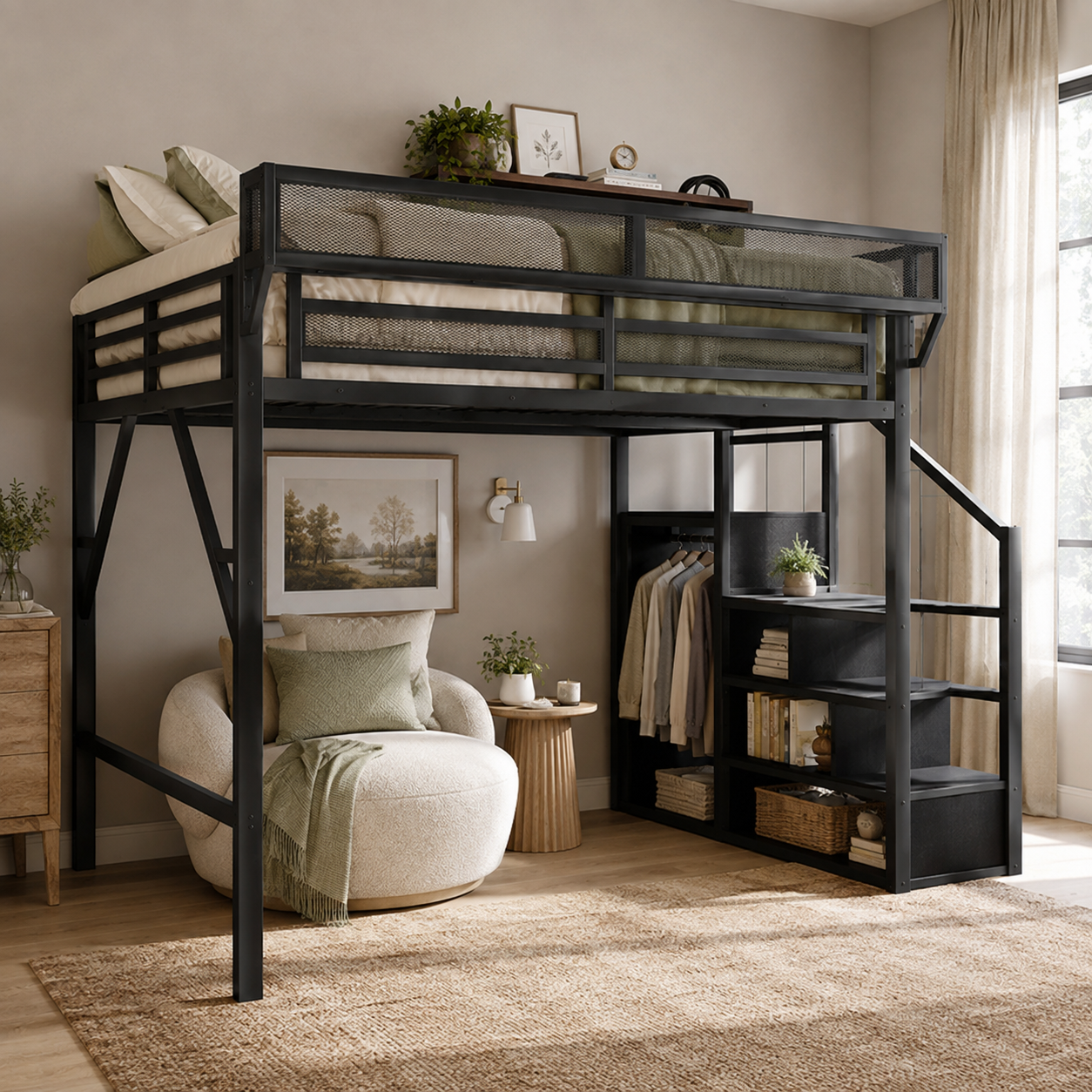 Fenra black loft bed showing a full size high loft bed with storage stairs wardrobe and bedside shelf in a styled bedroom