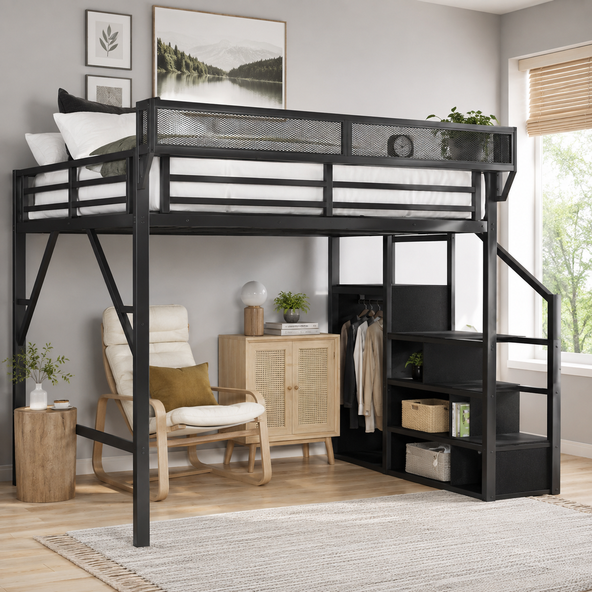 Fenra black loft bed showing a bedroom setup with open wardrobe and storage stairs beneath the loft bed