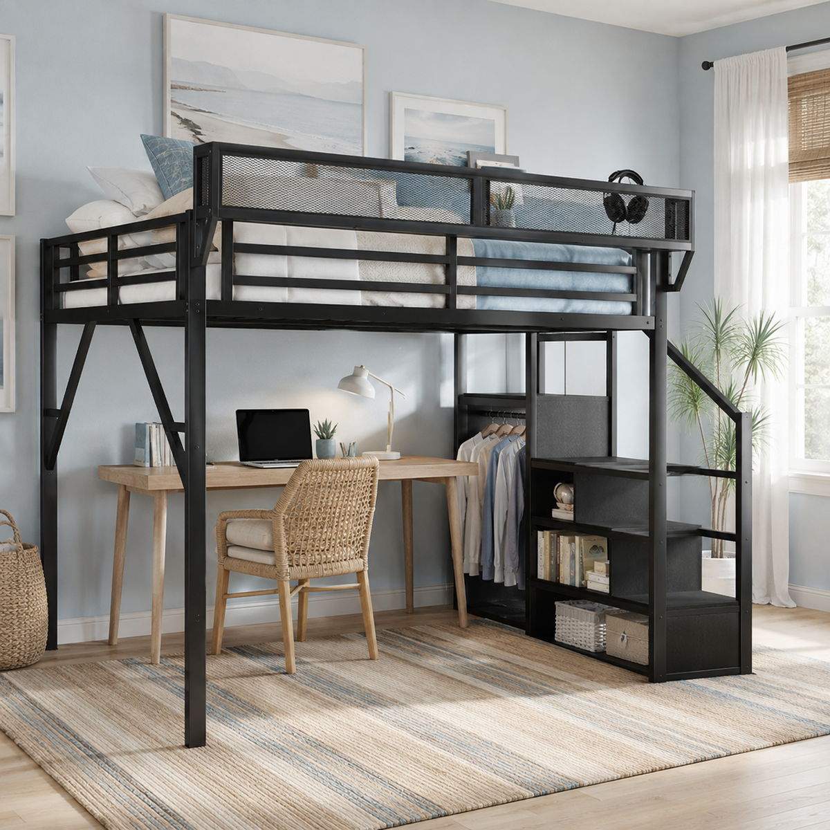 Fenra black loft bed showing a loft bed with underbed lounge area wardrobe and staircase storage