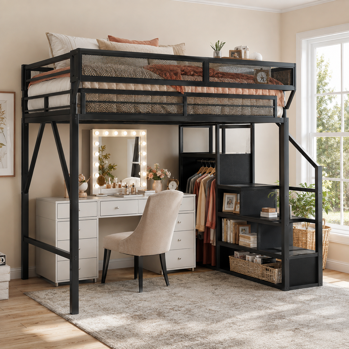 Fenra black loft bed showing an angled room view with wardrobe storage stairs and bedside shelf