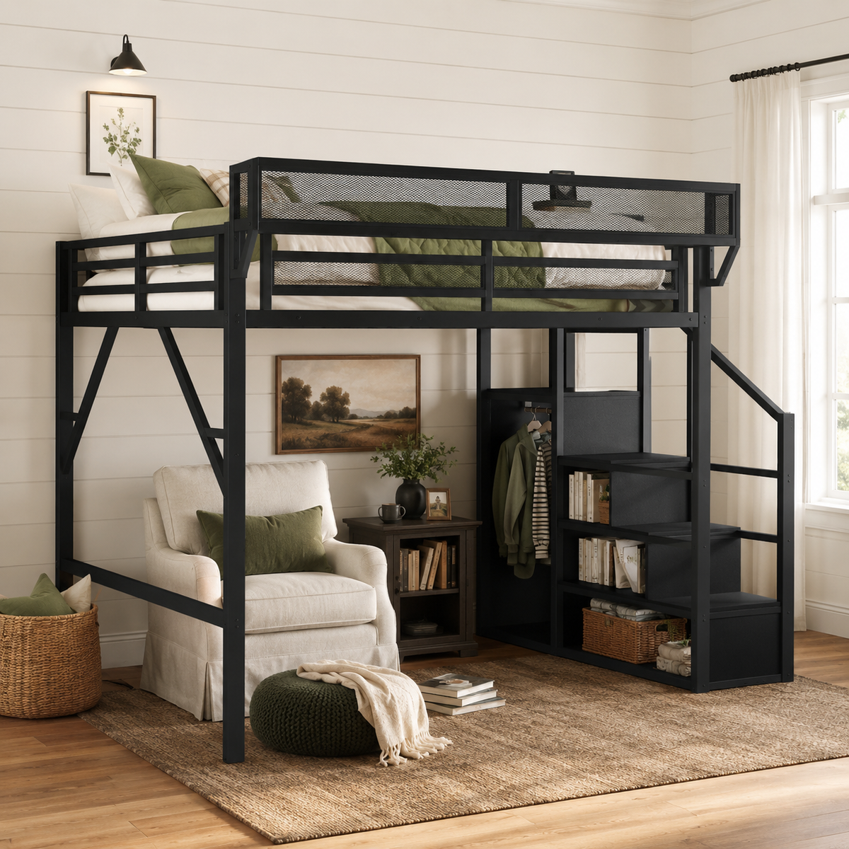 Fenra black loft bed showing the full loft bed frame with storage stairs in a bright bedroom